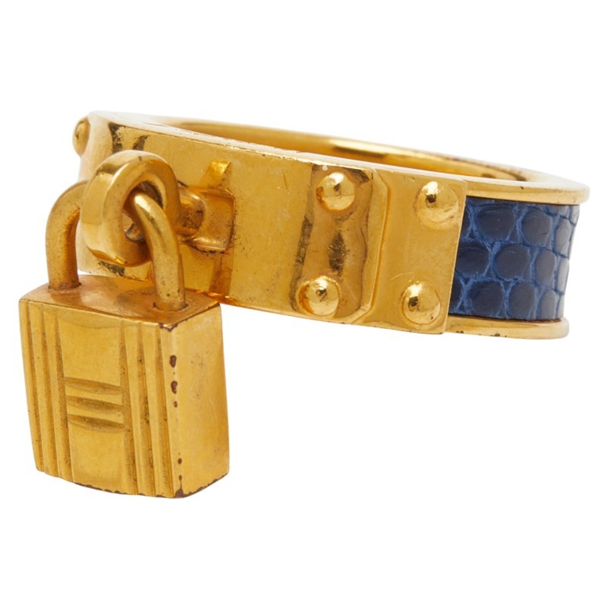 Hermes HermÃ¨s Kelly Cadena motif scarf, muffler, and ring in gold navy plated leather for women.