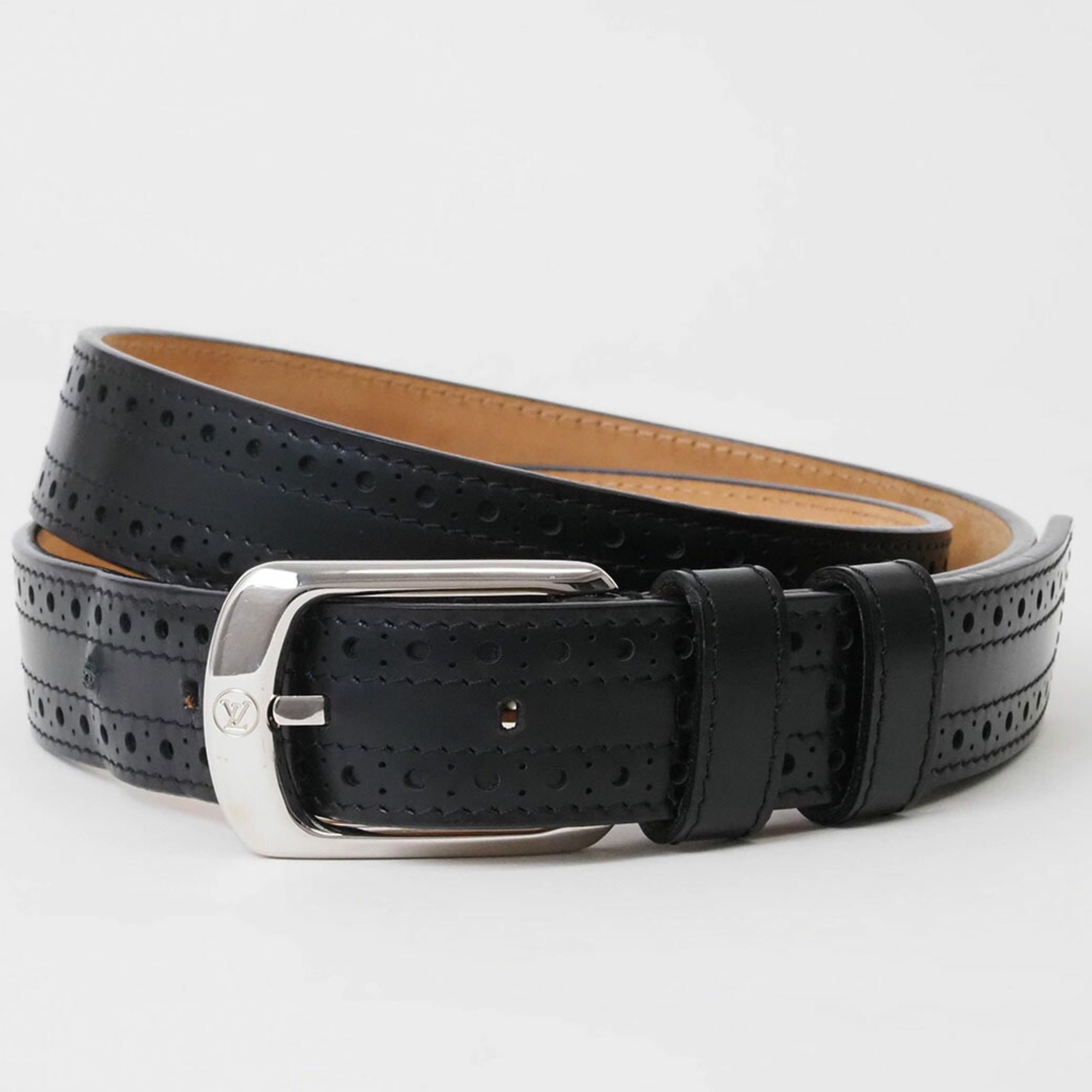 Louis Vuitton Belt Santur 95cm Black Men’s Leather Openwork Silver Buckle LOUIS VUITTON