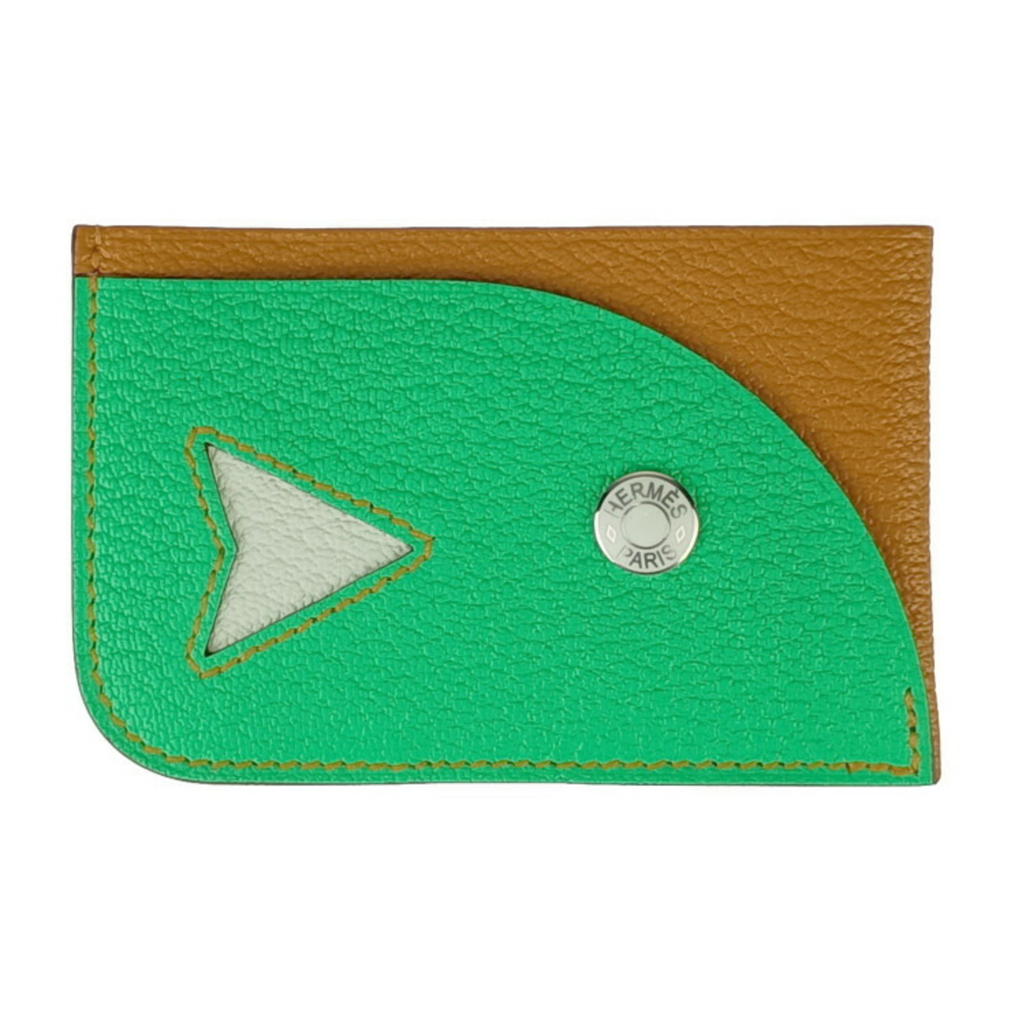 HERMES Hermes Business Card Holder/Card Case POISSON H084483CKAC CARAMEL+VERT COMICS+VERT FIZZ Green Brown Chevre Men’s Women’s Pass B Engraved