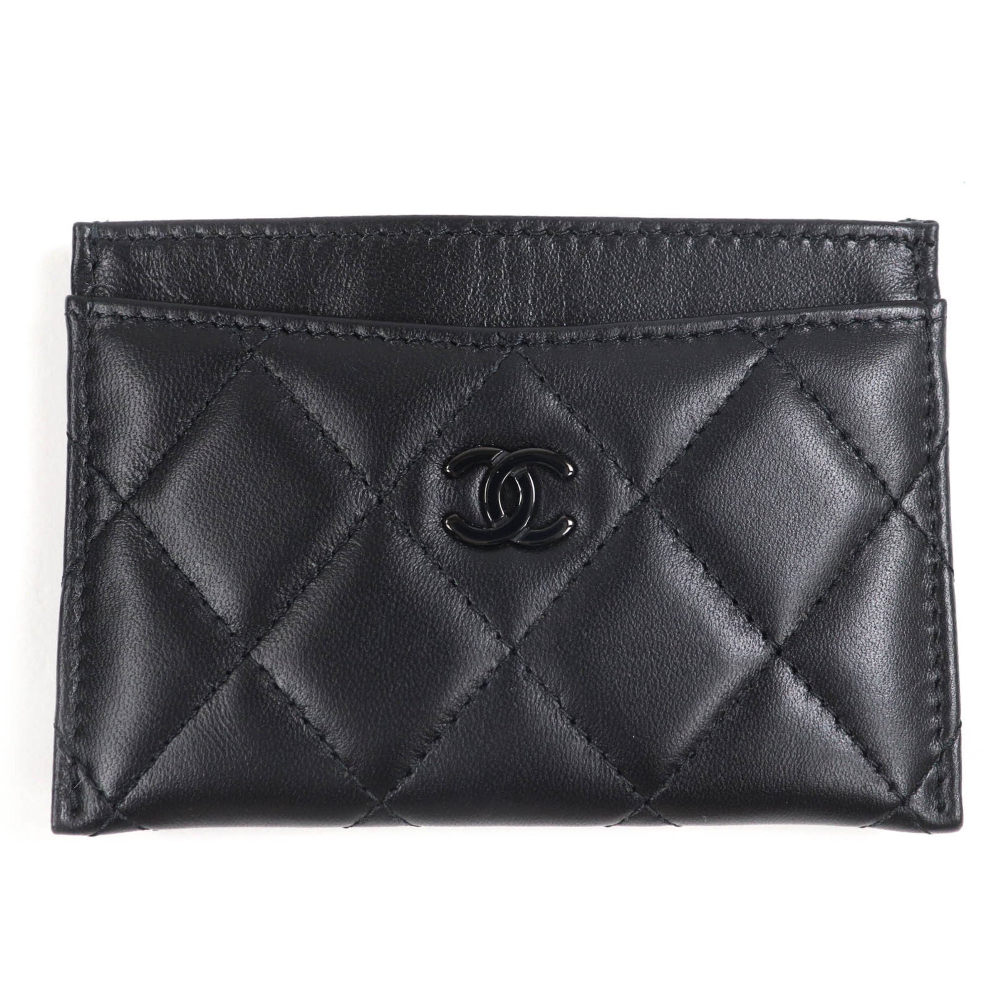 CHANEL AP4472 Lambskin Matelasse Coco Mark Business Card Case, Black, Black Hardware, Box and Dust Bag Included, Made in Italy, Women’s