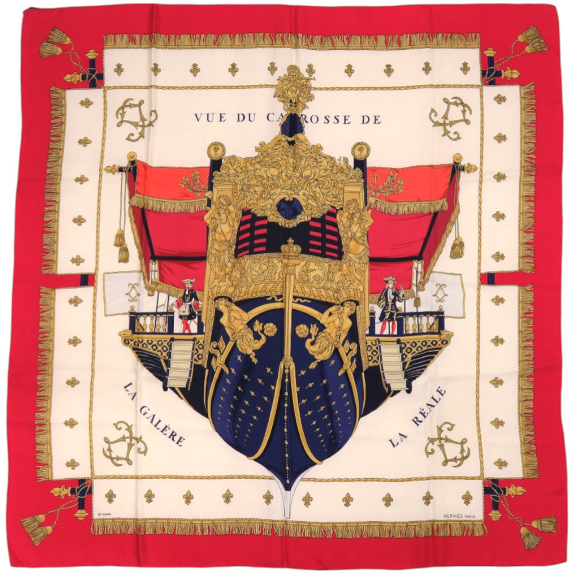 HermÃ¨s CarrÃ© 90 Queen’s Coronation “VUE DU CARROSSE DE LA GALERE REALE” Silk Ivory Red Scarf Muffler 0102 HERMES