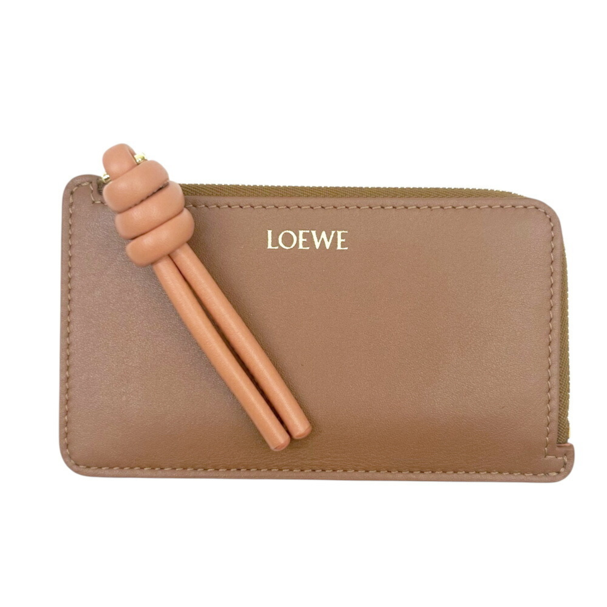 LOEWE Knot Coin and Card Holder in Tan Papaya Shiny Napa Calf Leather, Brown Pink. Women’s Wallet/Coin Case, Business Case.