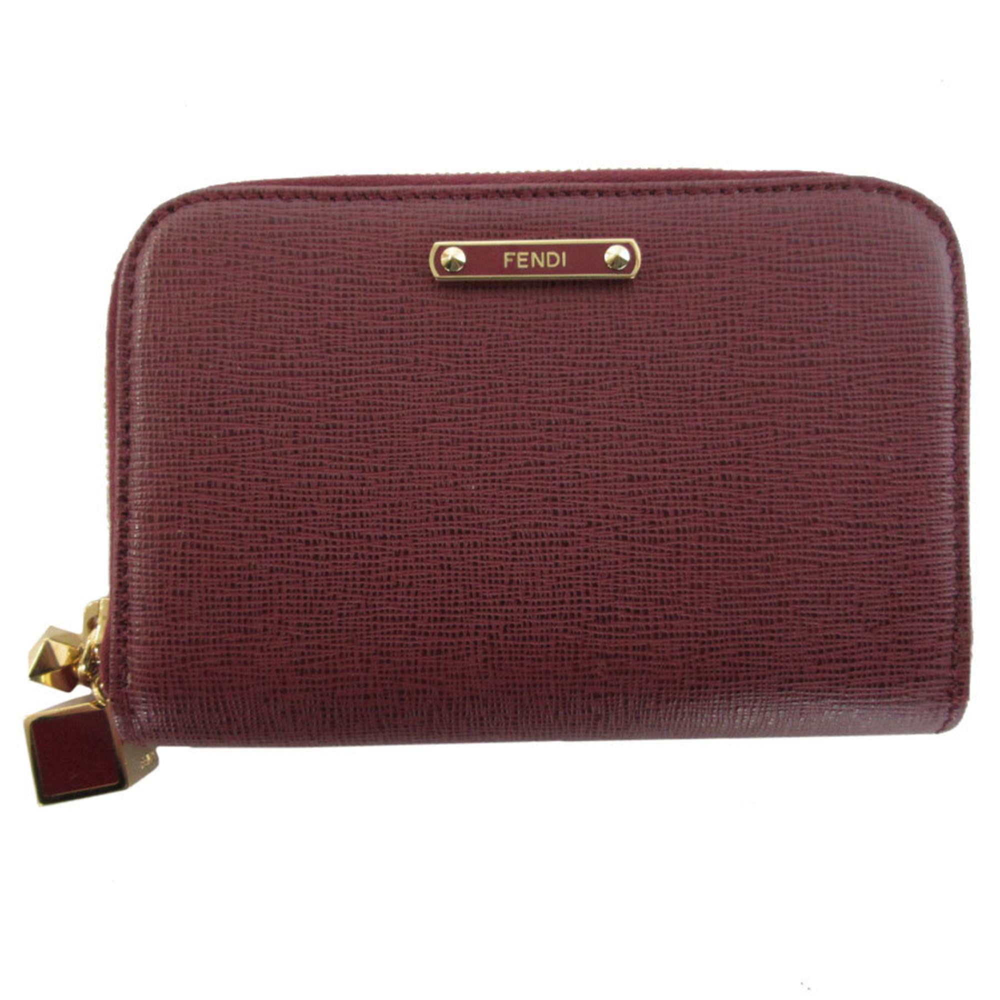FENDI Card Case, Business Holder, Coin Wallet, Leather, Burgundy, Gold, Women’s, 8M0313.F09, s0453a