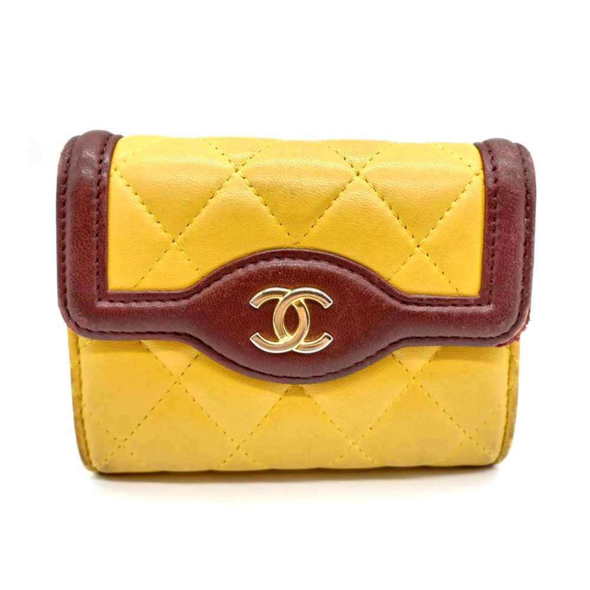 Chanel Wallets & Coin Cases Business Card Holders Matelasse Yellow x Brown Bicolor Mini Wallet Women’s Lambskin Leather CHANEL