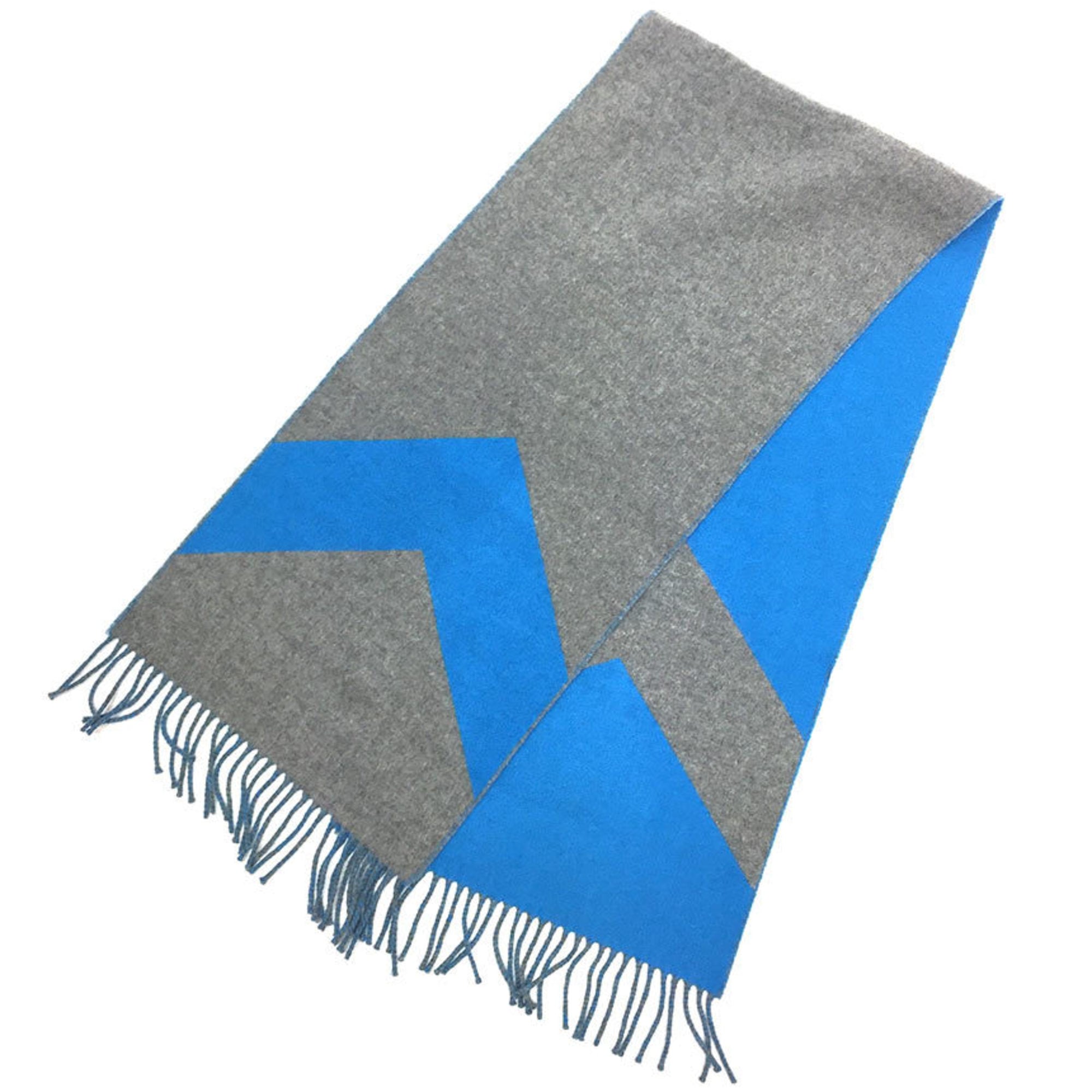 HERMES Hermes Cashmere Scarf Casaque Chevron Bicolor Stole Shawl Gray x Blue Unisex Men’s Women’s