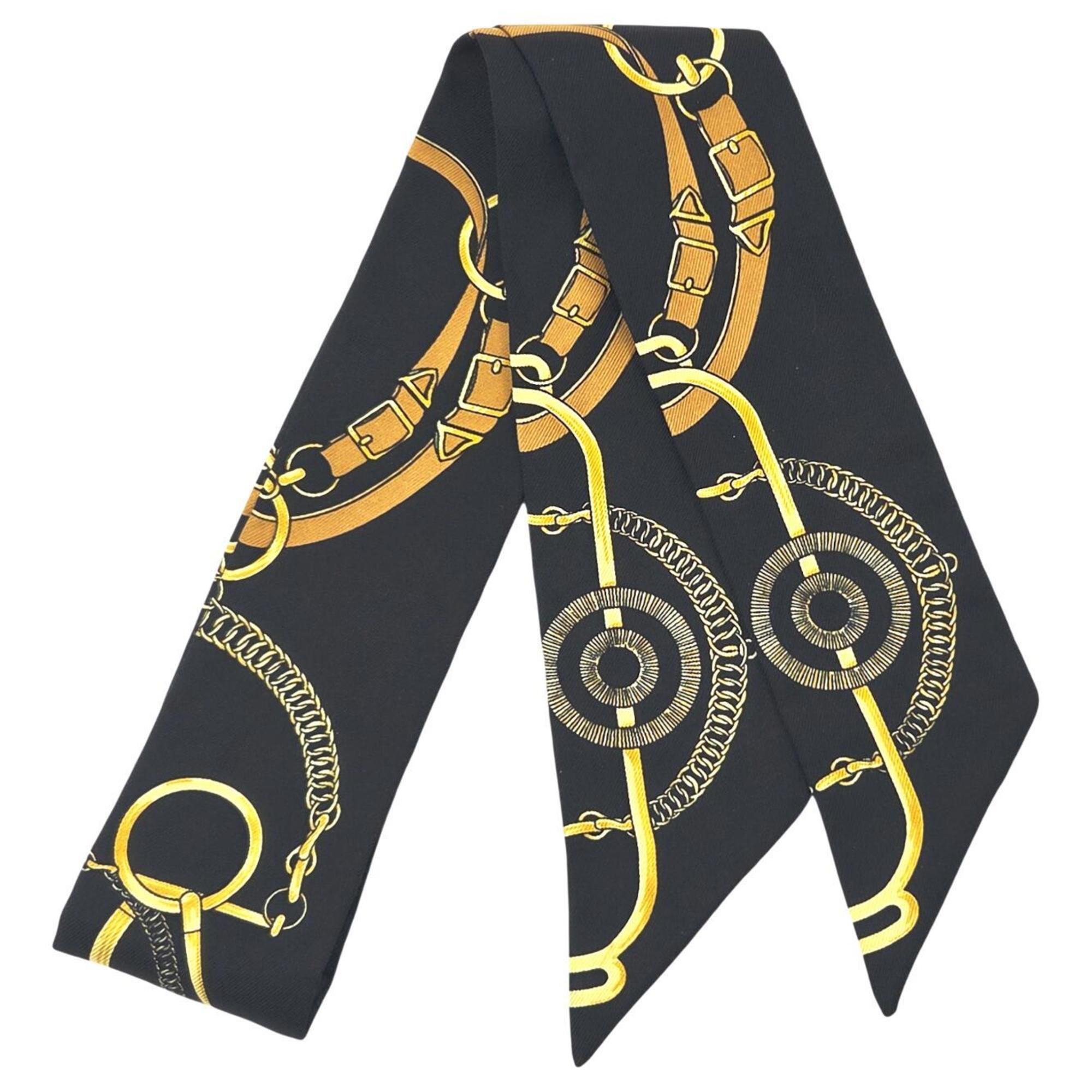 HERMES Twilly Silk Black and Yellow Apron Doll Scarf/Muffler for Men Women