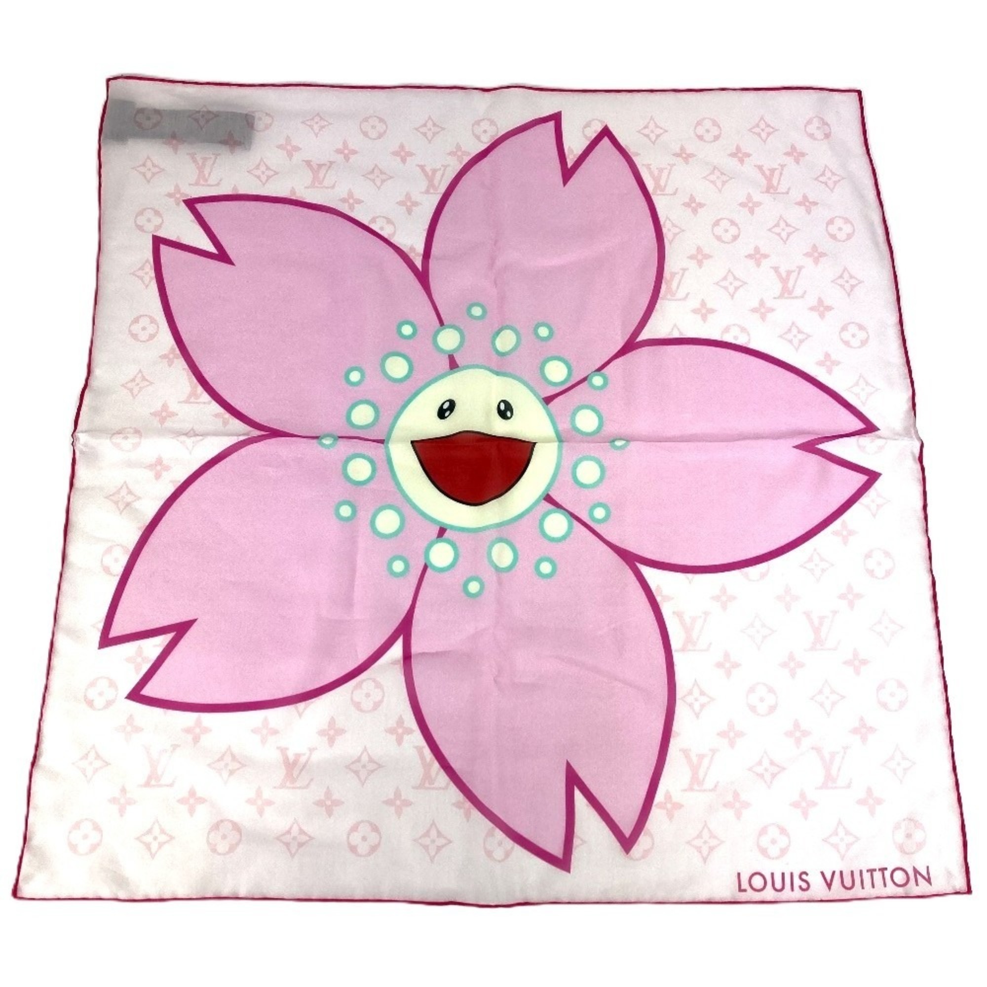 LOUIS VUITTON M96088 LVÃ—TM Takashi Murakami Cherry Blossom CarrÃ© 55 Scarf, Silk and Cotton, Pink, Like New