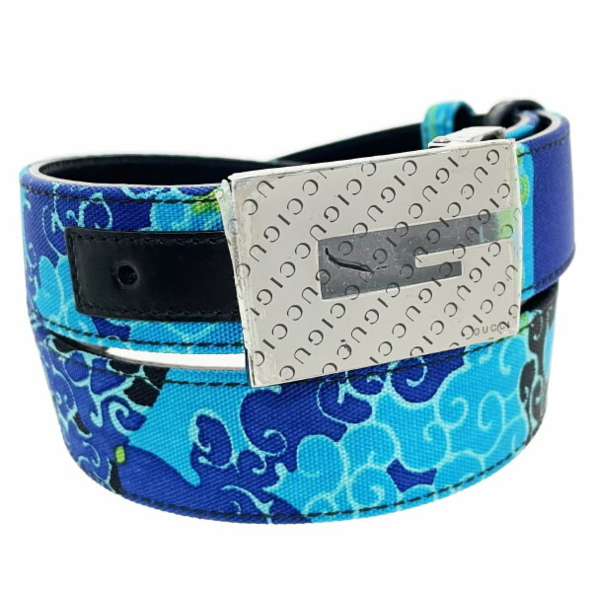 Gucci G Belt for Women, Nylon Canvas, Leather, Blue, Multicolor, Black, Size 75cm, 036 1766, GUCCI Mark, Buckle, Hardware, HH-16006
