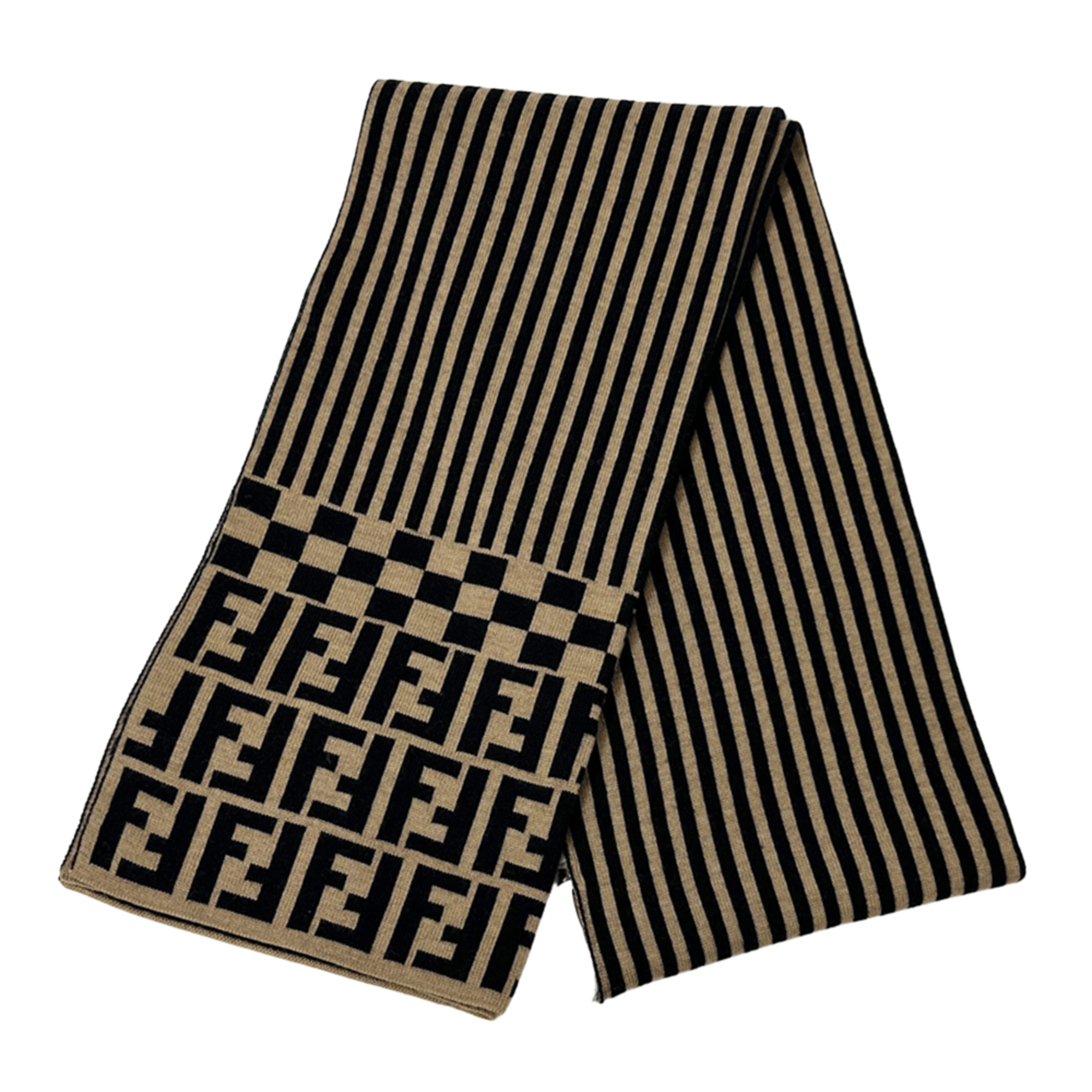Fendi FENDI scarf for women and men, brand Zucca stole, wool, brown, black, logo, stripes