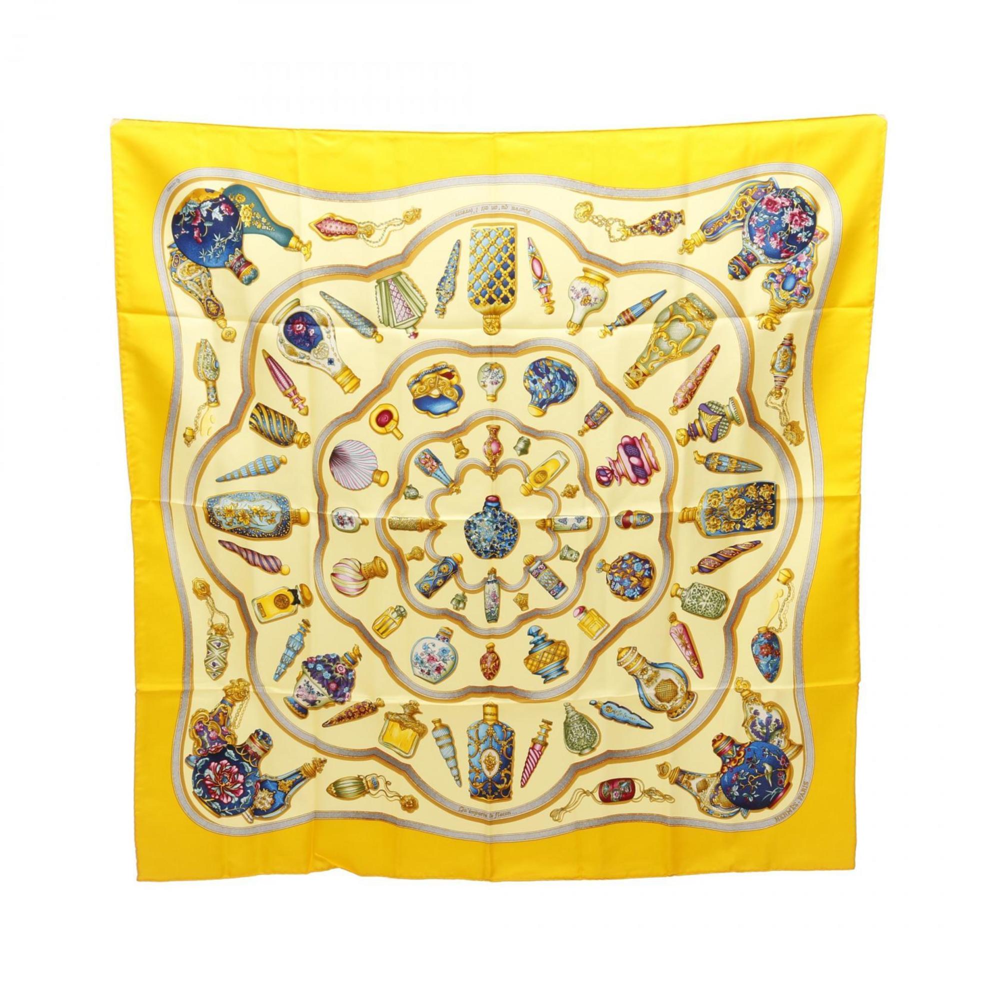 Hermes HermÃ¨s CarrÃ© 90 “Qu’Importe le flacon” Silk Scarf for Women in Multicolored Yellow