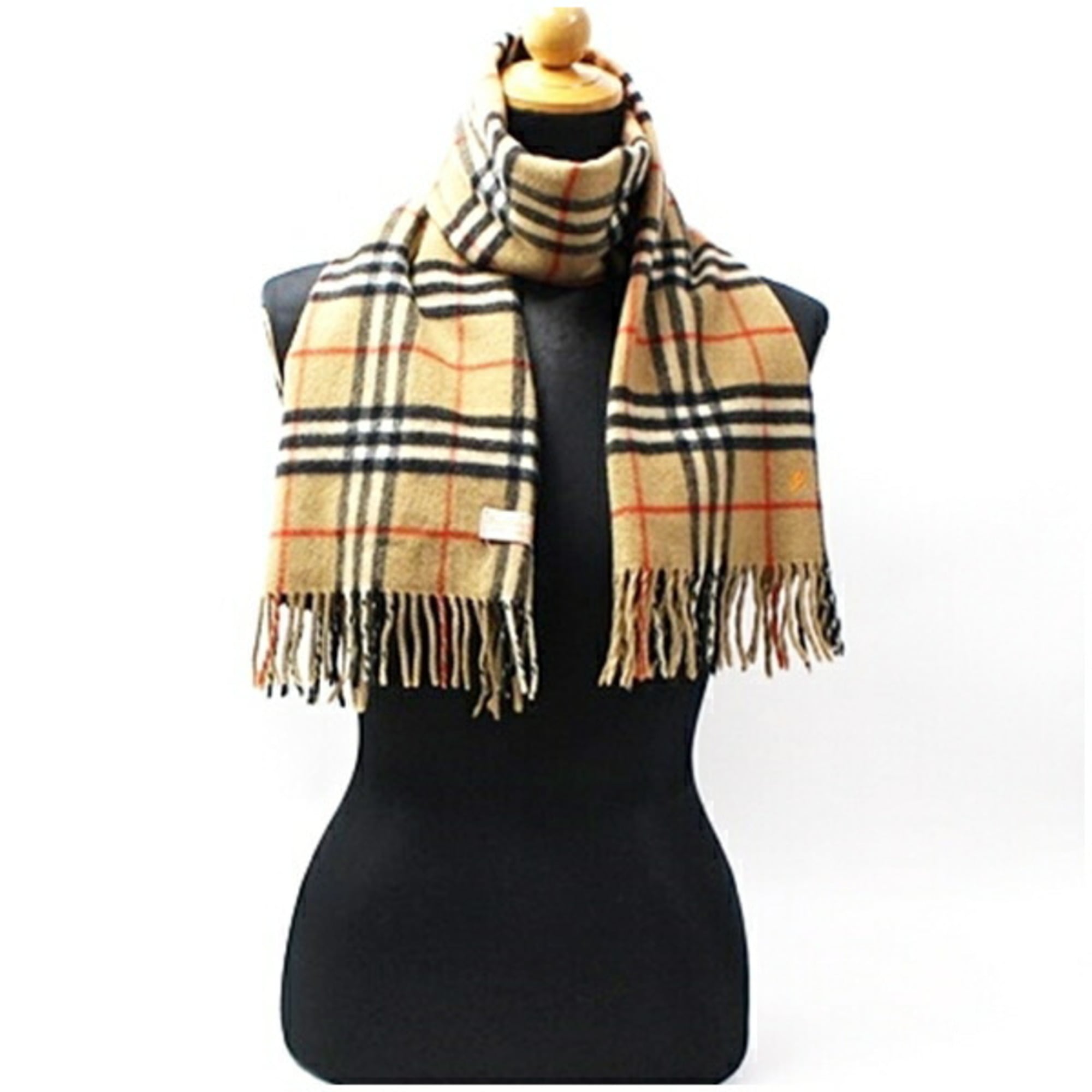 Burberry Cashmere Scarf, Camel and Check, 130 x 30 cm, with Initials, for Men Women
