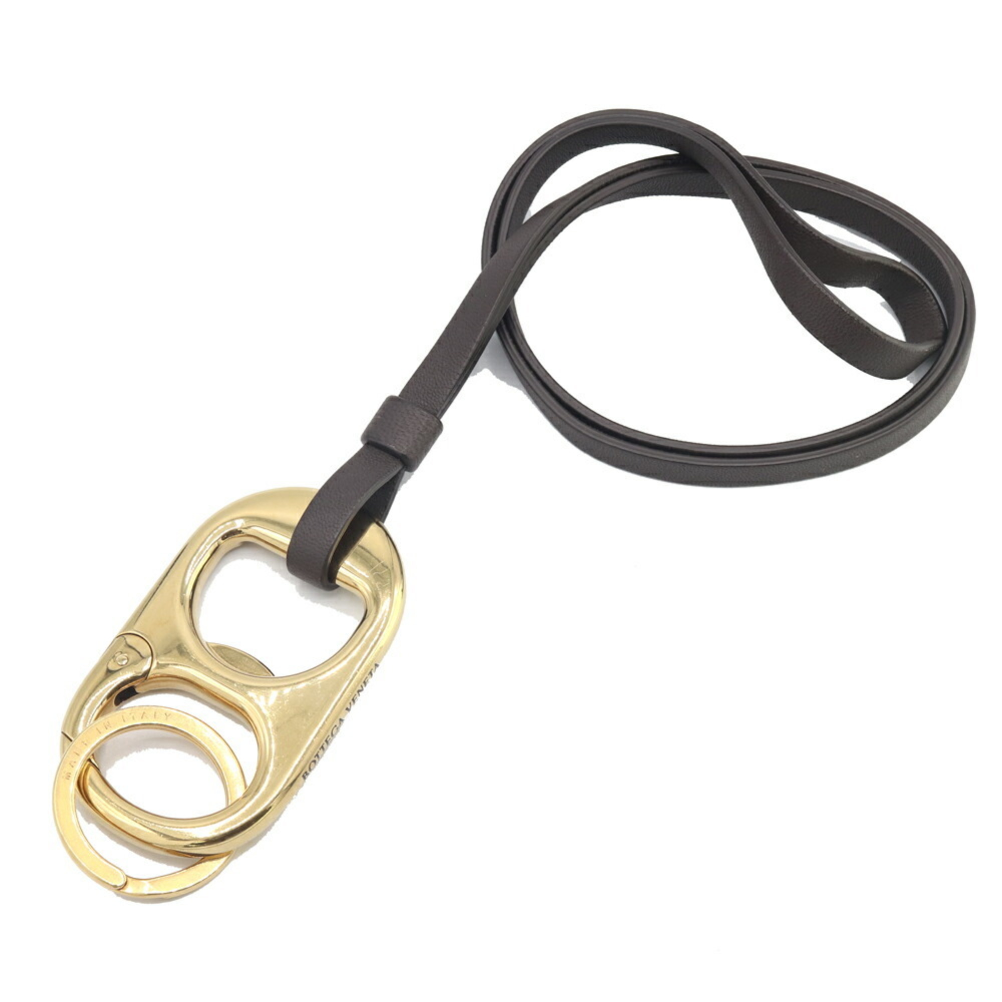 Bottega Veneta Key Ring, Gold, Dark Brown Leather, Metal Neck Strap, Keychain for Men and Women, BOTTEGA VENETA
