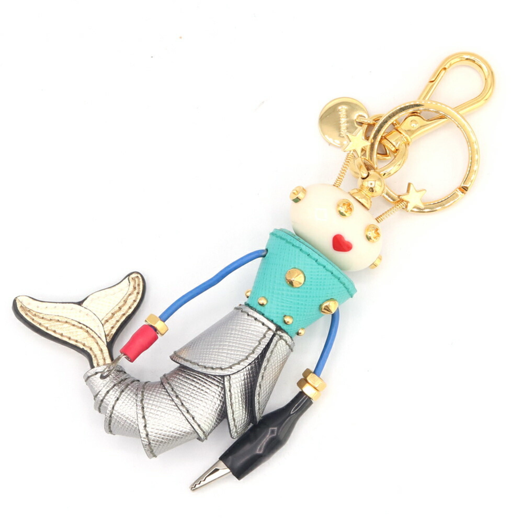 Prada Robot Charm Mermaid Bag 1TR033 Green Silver Leather Metal Keychain Key Ring Women’s PRADA
