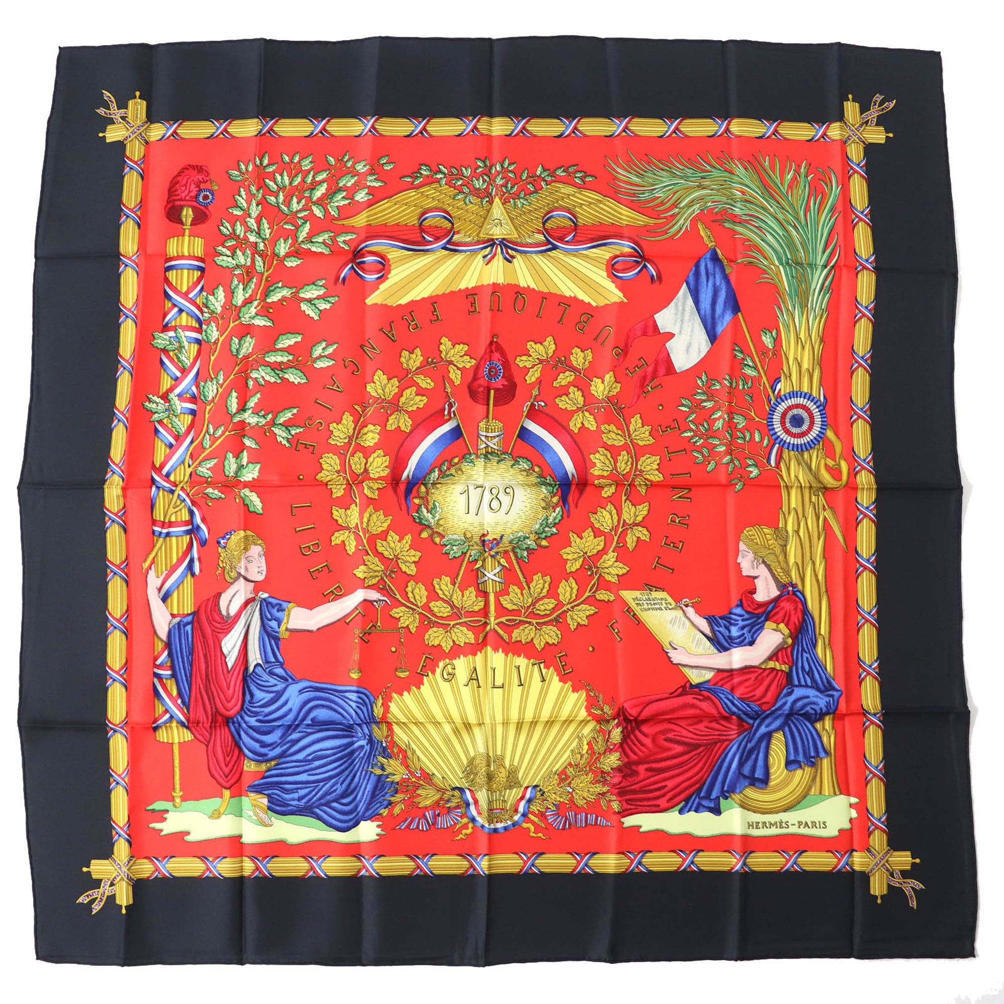 HERMES 1789 LIBERTE EGALITE FRATERNITE REPUBLIQUE FRANCAISE (1789) 100% Silk Scarf, Black, Red, Multicolor, Made in France, Women’s