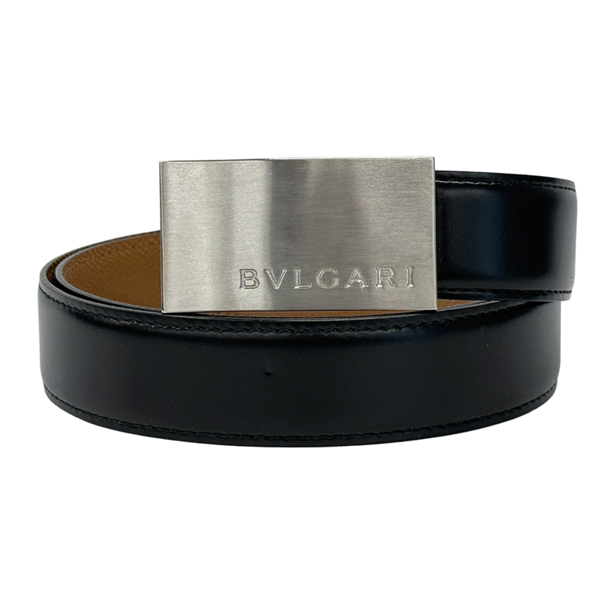 BVLGARI Men’s Leather Belt in Black and Brown with Silver Hardware