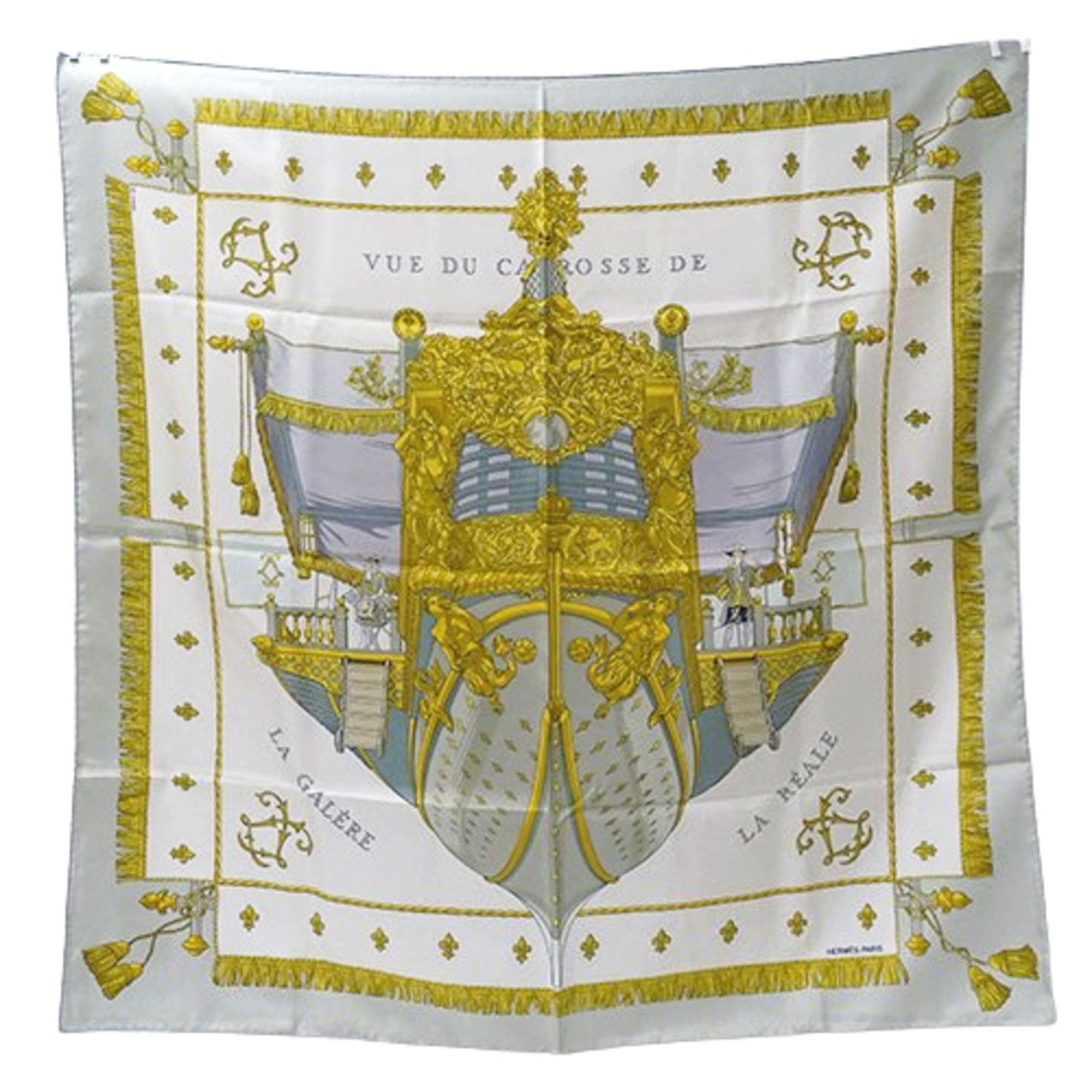 Hermes HermÃ¨s scarf/muffler for women, brand name CarrÃ© 90 VUE DU CARROSSE DE LA GALERE REALE, Queen’s Coronation, silk, pale green, white, large.