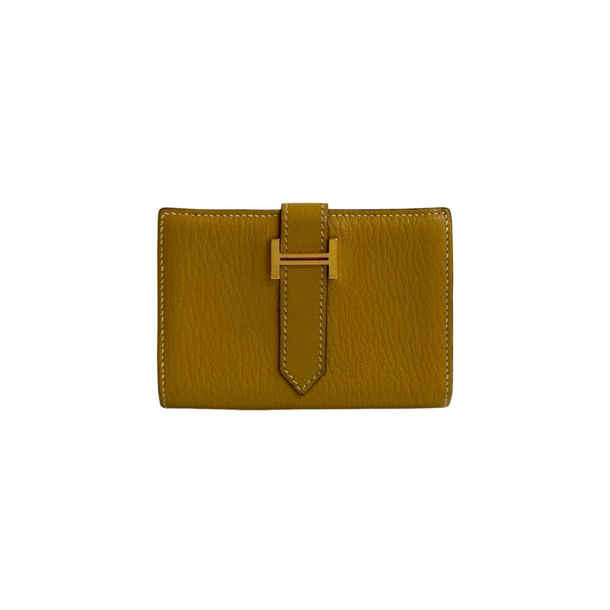 HERMES Bearn Mini Chevre Leather Business Card Case/Card Case, Yellow, 42052