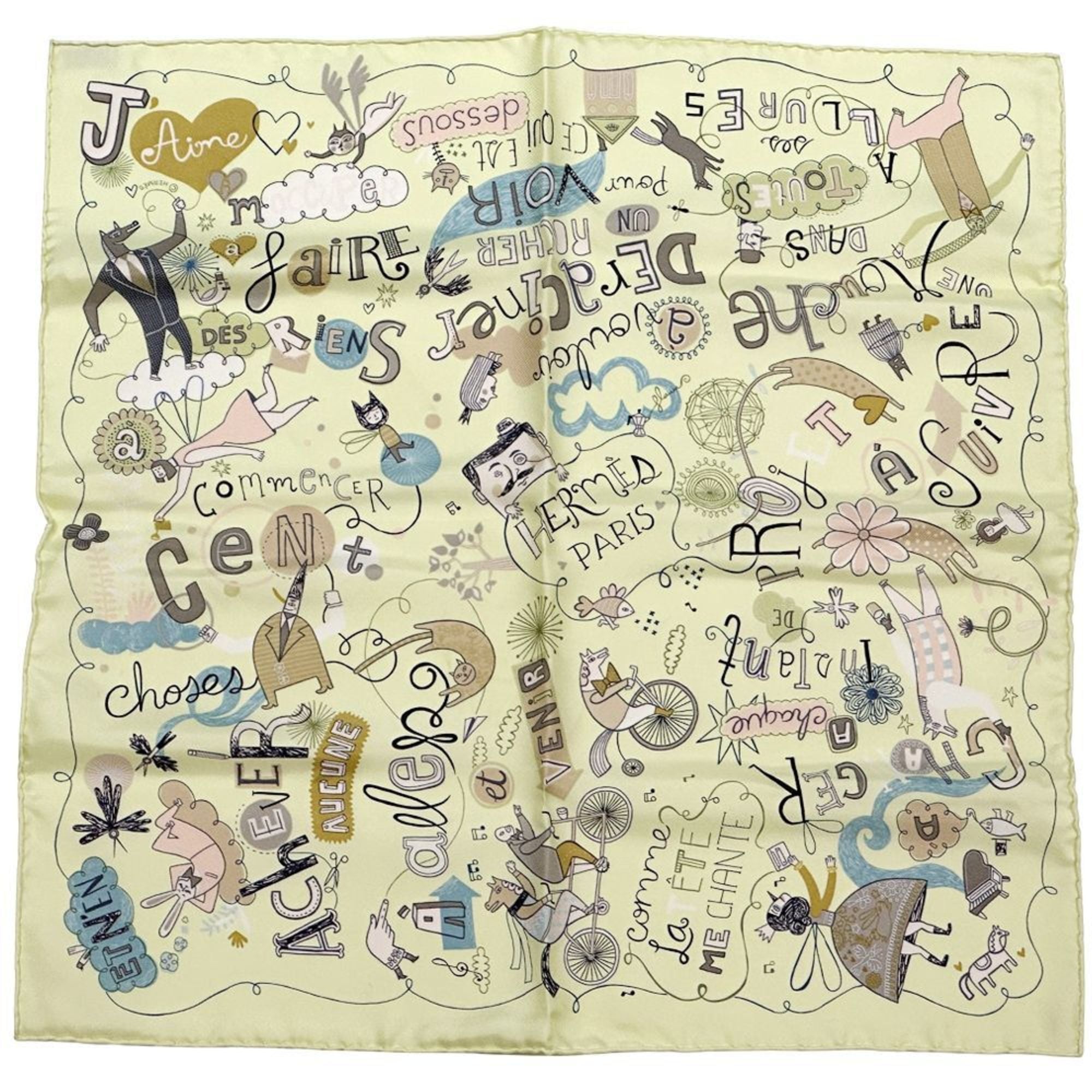 Hermes Scarf Muffler Petit Carre LES CONFESSIONS Confession Women Men Silk Green Fairy Tale Animal Illustration Light
