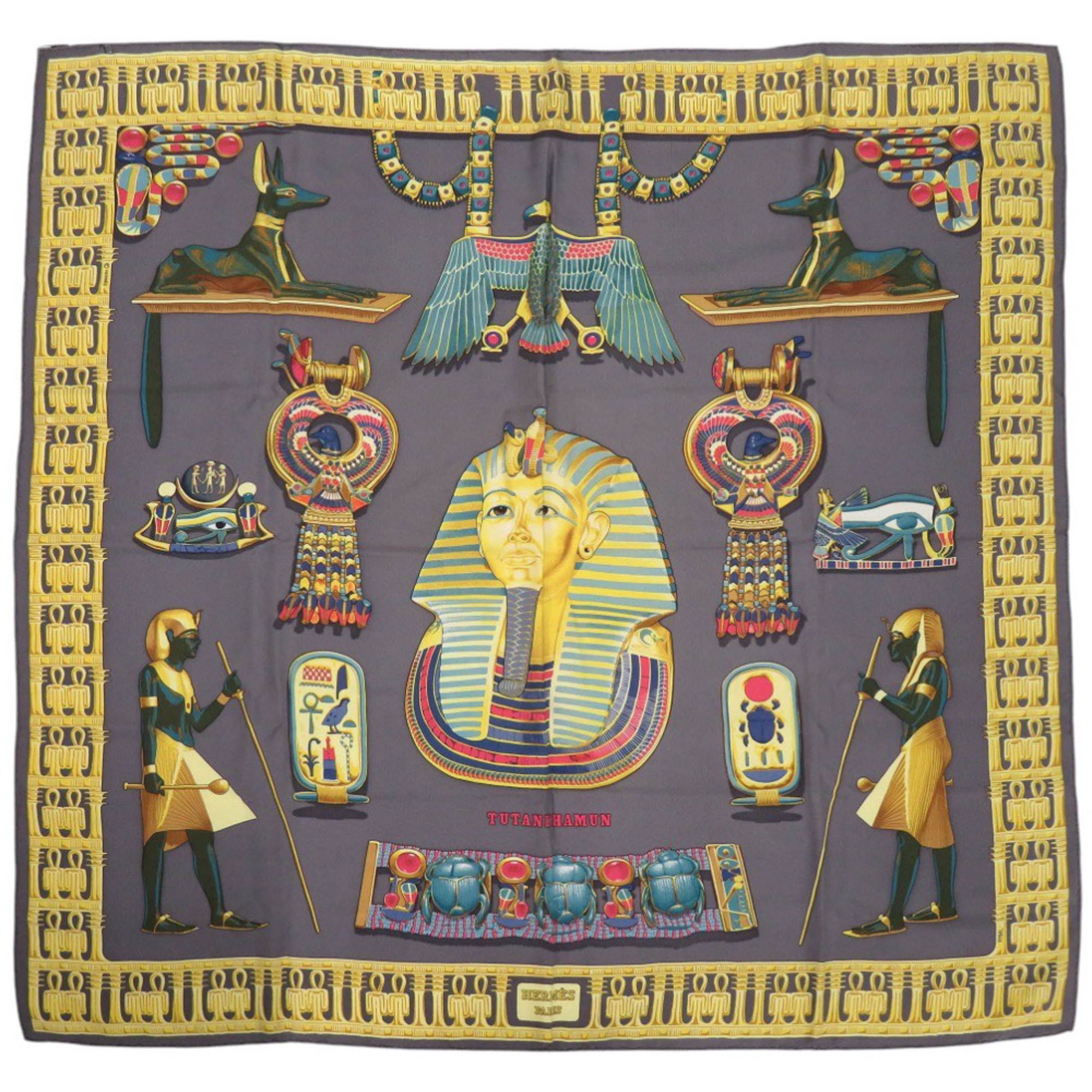 Hermes CarrÃ© 90 Tutankhamun Silk Gray Scarf Muffler 0123 HERMES