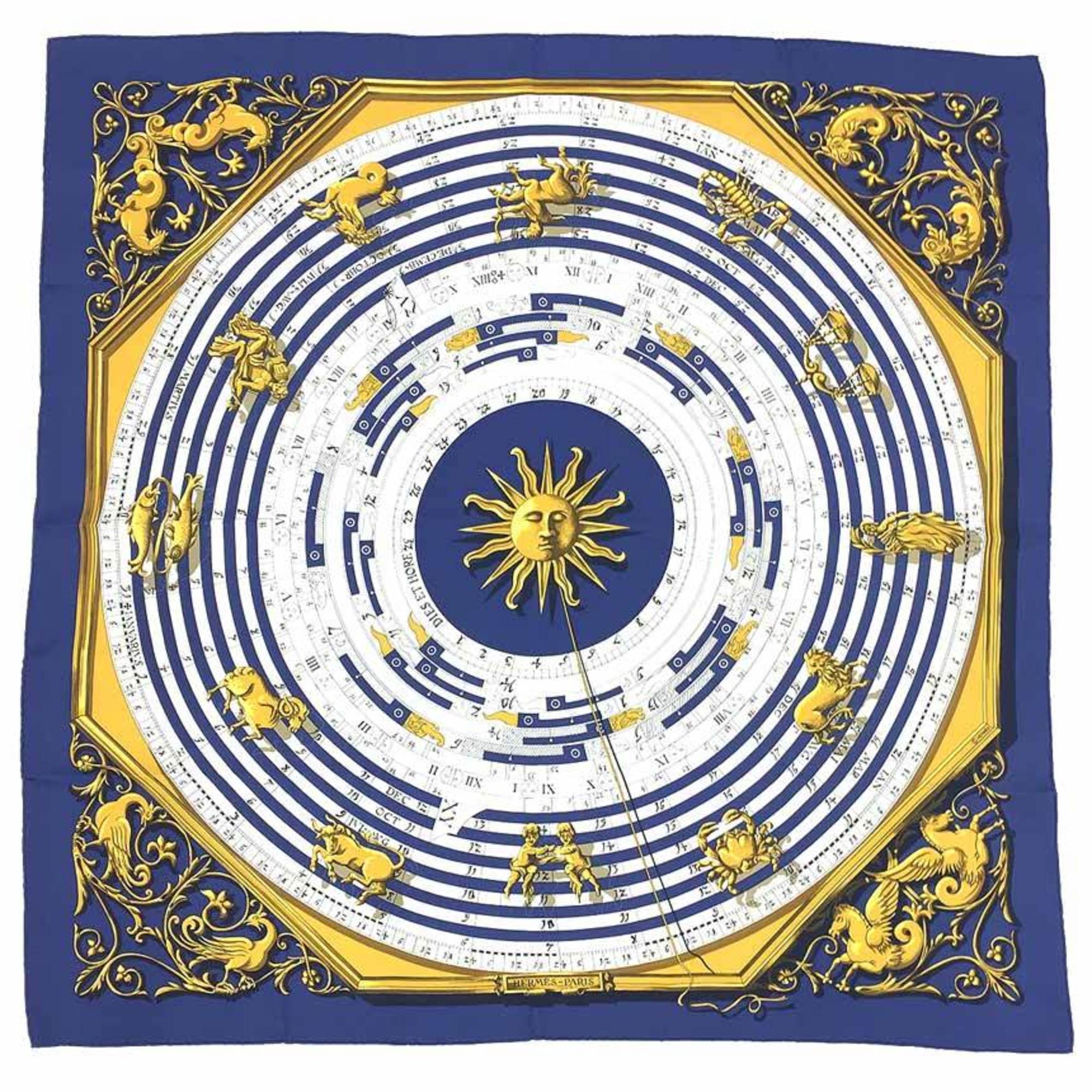 HERMES Hermes Scarf Muffler Carre 90 DIES ET HORE Astrology Constellation Pattern Horoscope Navy x White 100% Silk