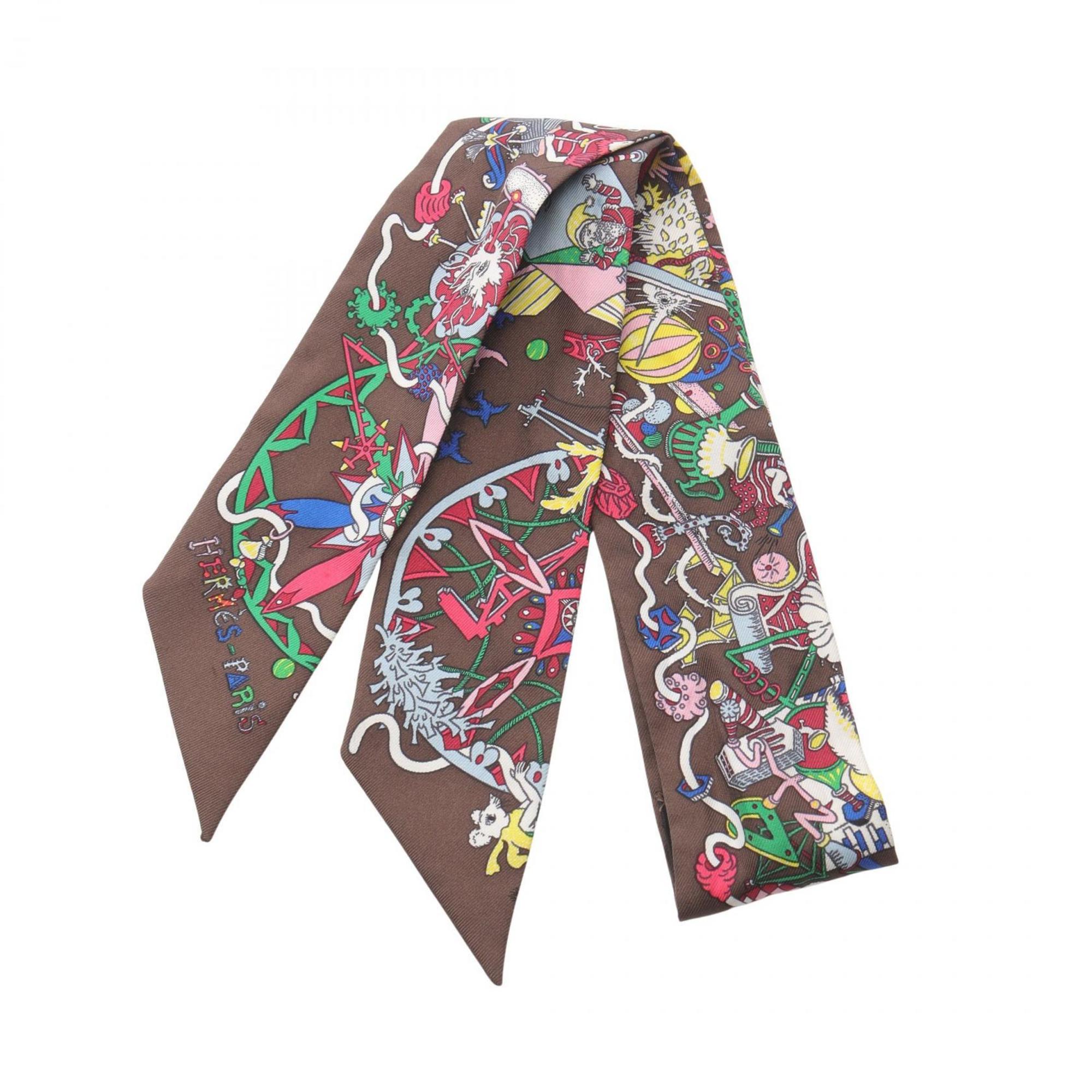 Hermes HermÃ¨s LA FOLLE PARADE Twilly Silk Scarf for Women in Brown and Multicolor