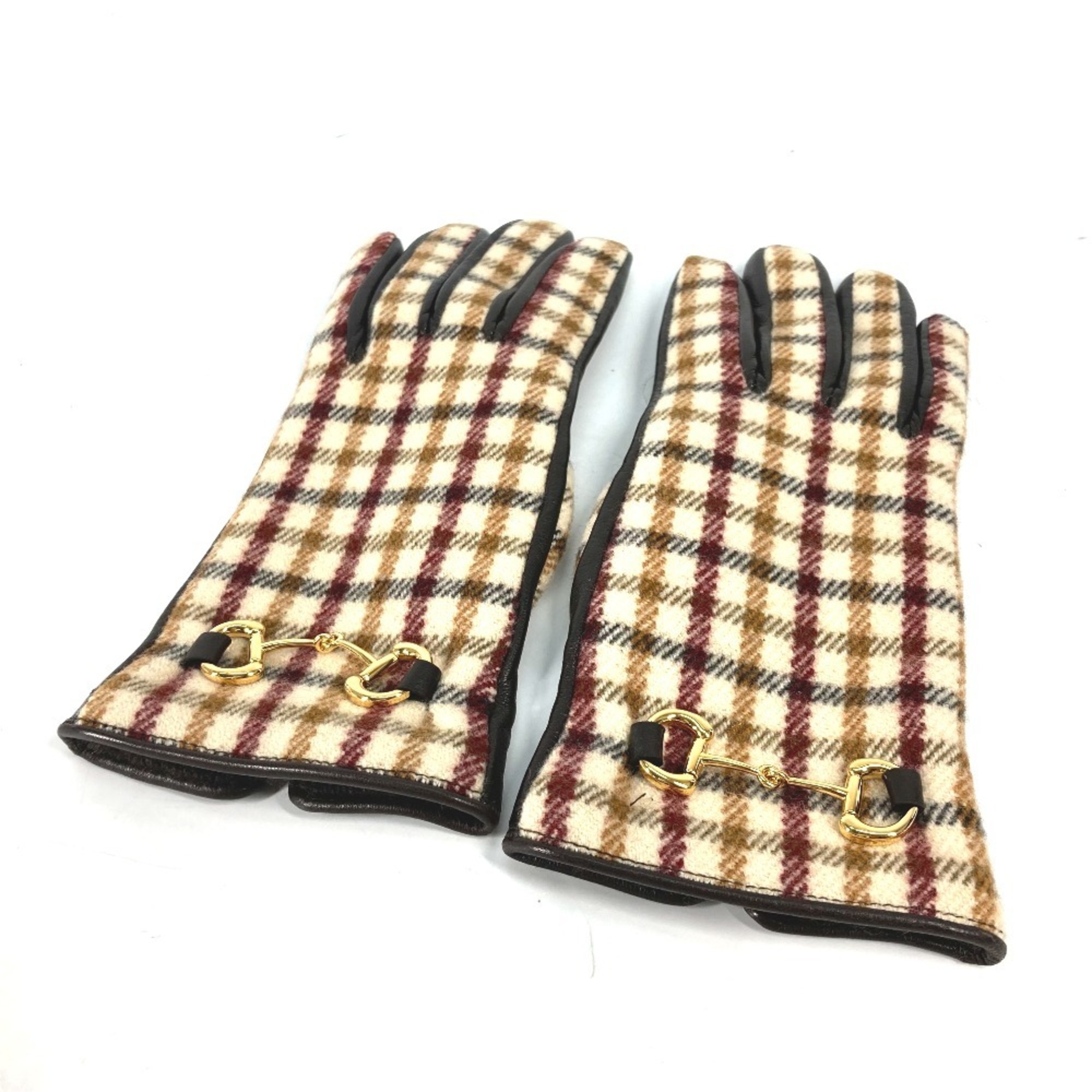 GUCCI 603635 Check Horsebit Gloves in Wool/Cashmere/Leather, Brown