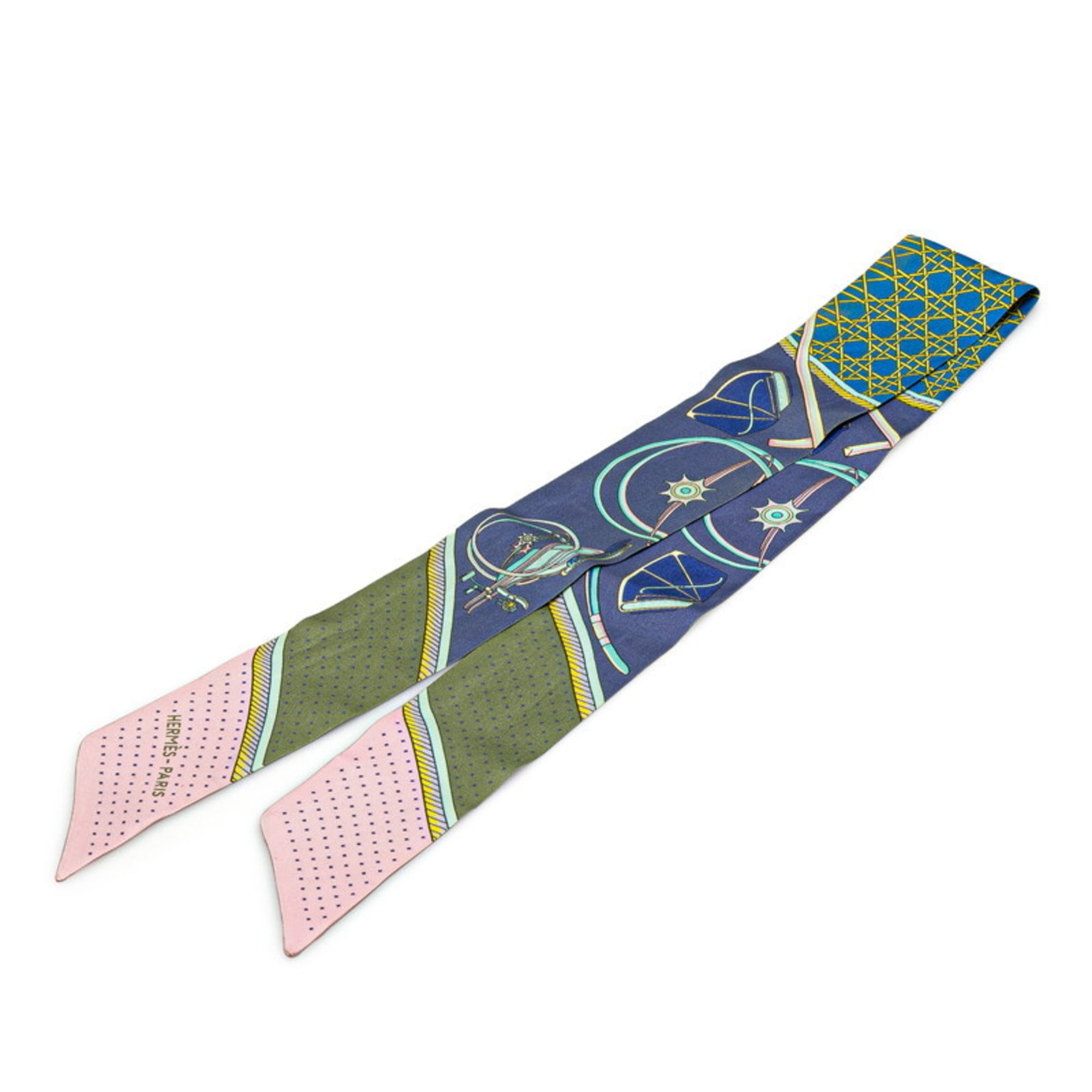 Hermes Twilly LES VOITURES A TRANSFORMATION Folding Carriage Scarf Muffler Pink Multicolor Silk Women’s HERMES