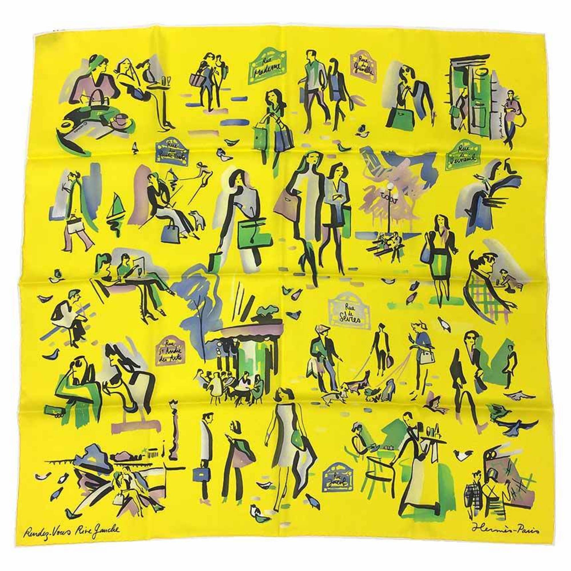 HERMES Scarf Muffler Carre 70 CARRE VINTAGE RENDEZ VOUS RIVE GAUCHE Left Bank Rendezvous 982635S-05 100% Silk Yellow JAUNE CITRON/JADE/PARME