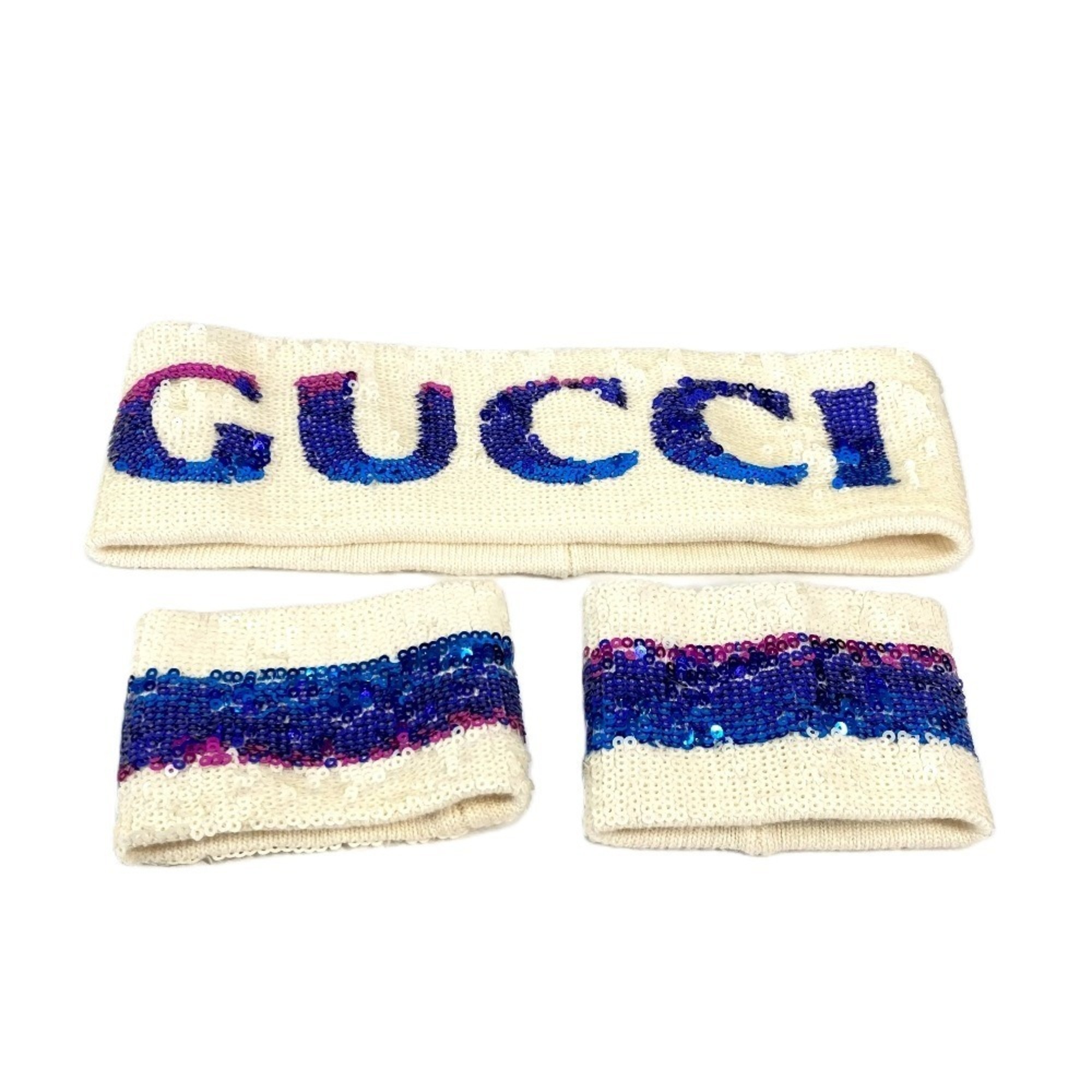 GUCCI Gucci Sequin Logo GG Headband & Wristband 3-Piece Set Accessories Hairband Polyester Cotton Men Women White Like New
