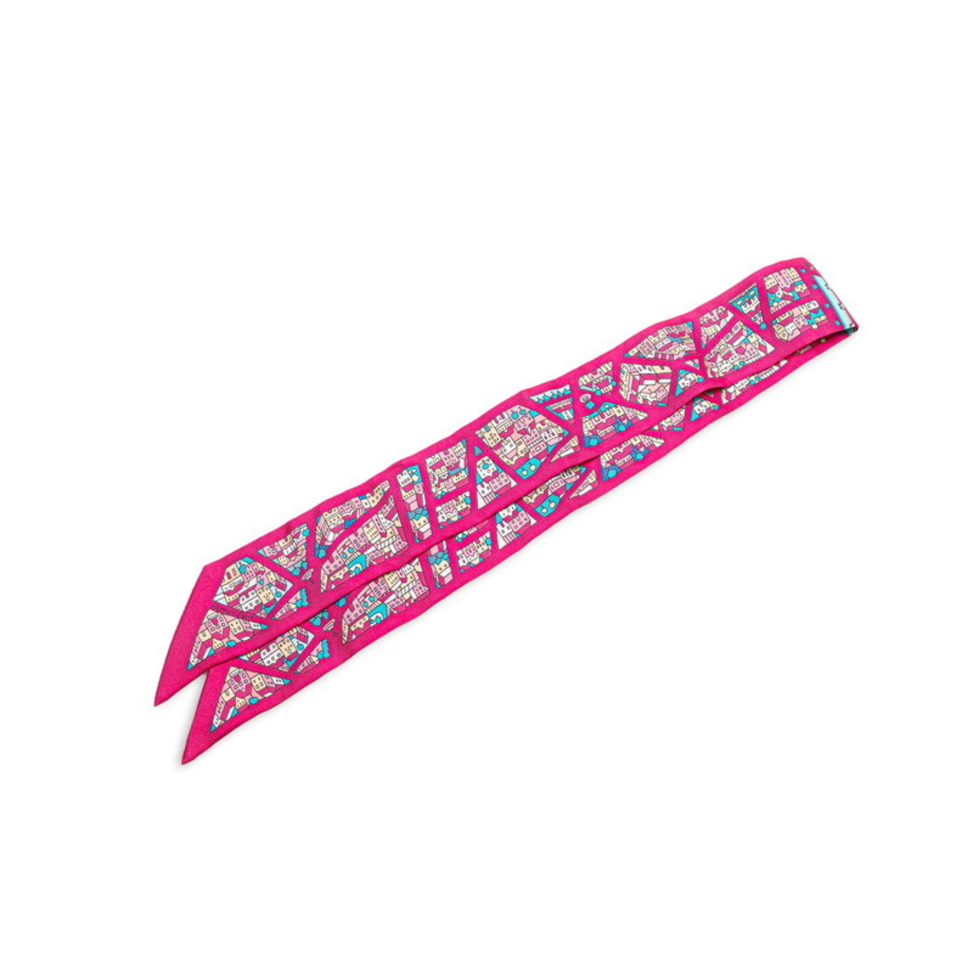 HermÃ¨s Twilly “Rive Droite Rive Gauche” Right and Left Bank Streets Scarf, Pink Multicolor Silk, Women’s, HERMES