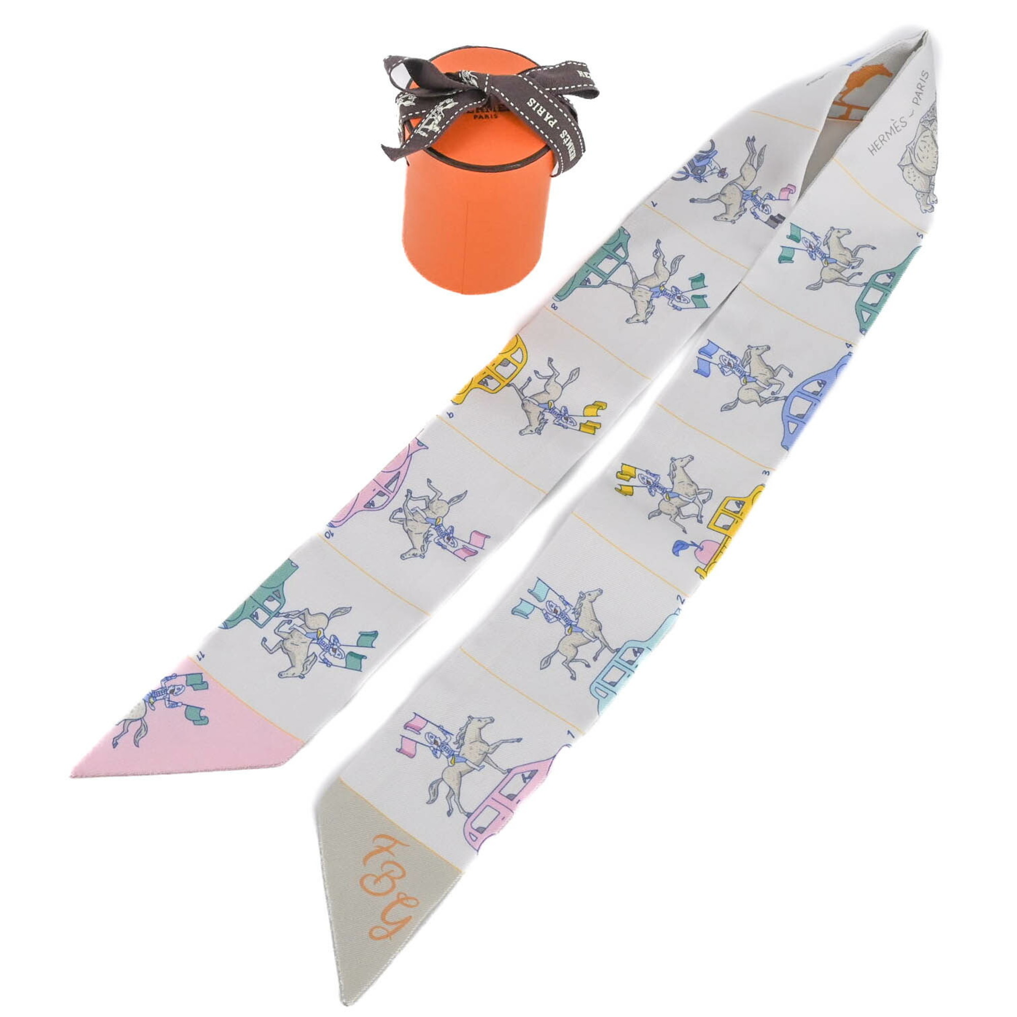 HERMES Parade Twilly Scarf, 100% Silk, Multicolor, Pink, White, Women’s