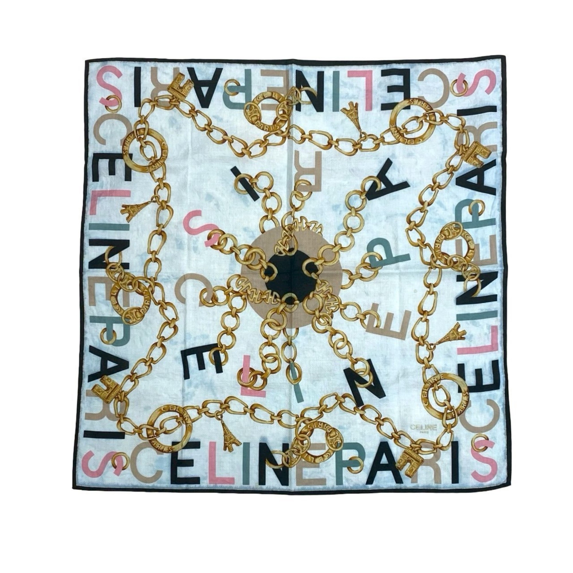 CELINE Vintage Logo Chain Print Cotton Scarf/Handkerchief, Multicolor, 260-4
