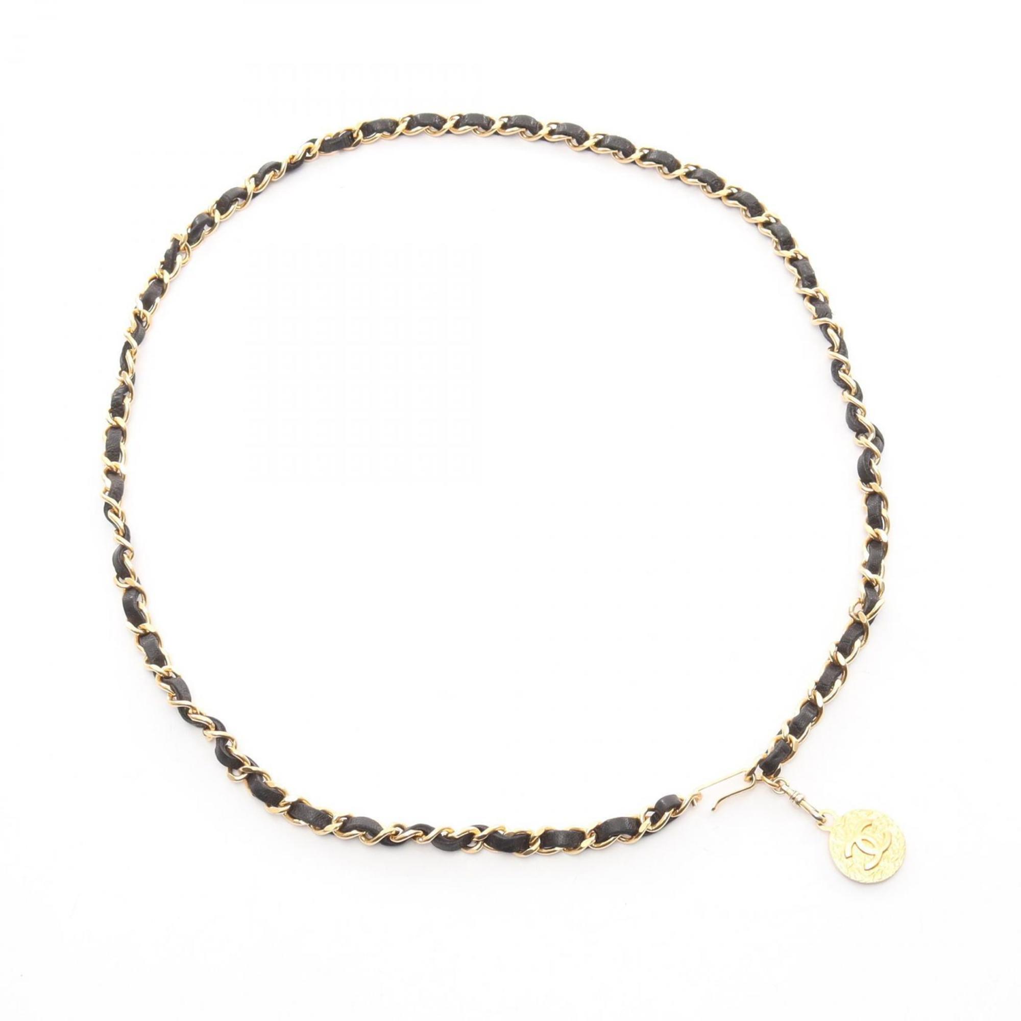 Chanel Coco Mark Chain Belt, Leather, GP, Women’s, Black, Gold