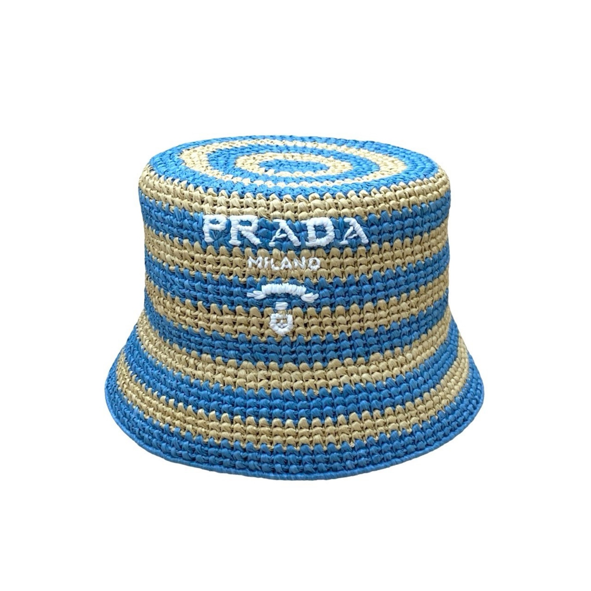 PRADA Prada Logo Bucket Hat, Raffia, Size Small, Blue/Beige, f1681