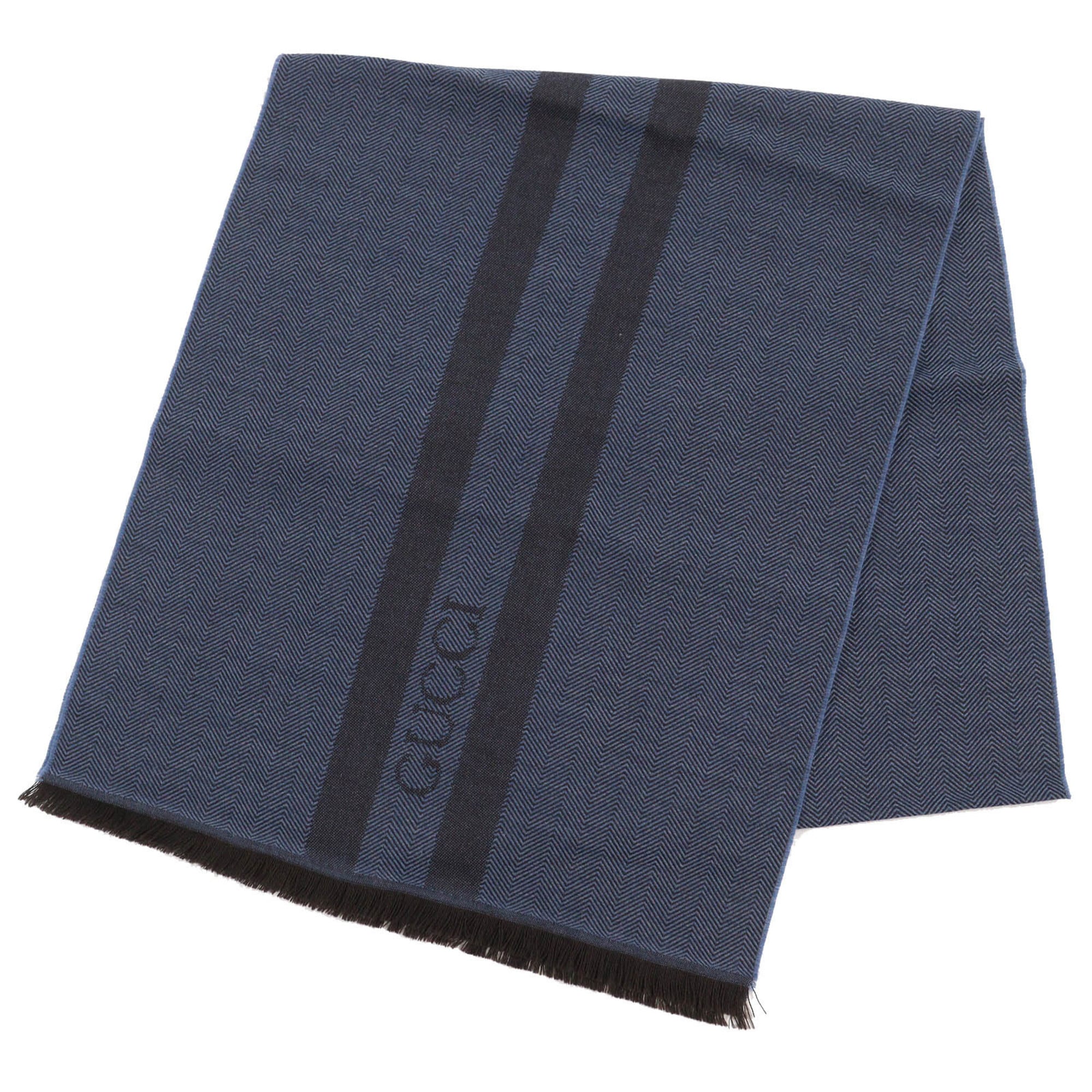 GUCCI 100% Wool Herringbone Pattern Shawl with Embroidered Logo and Fringe, Blue Brown, 40 x 190cm, Authentic, Made in Italy, Men’s