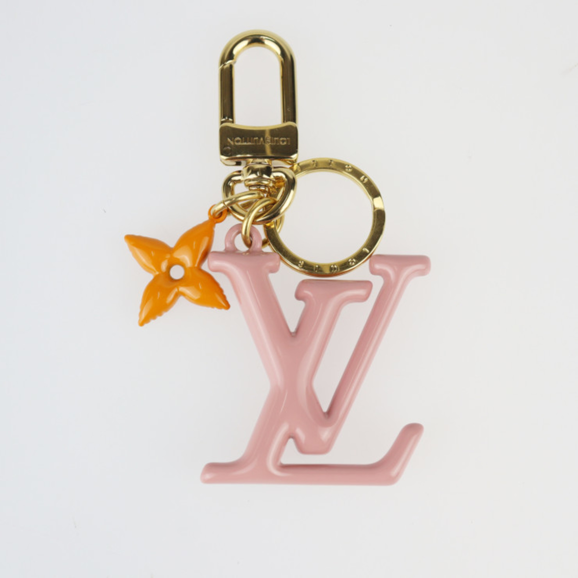 LOUIS VUITTON LV Pop Flower Keychain M01076 Metal Gold Pink Orange Key Ring Bag Charm
