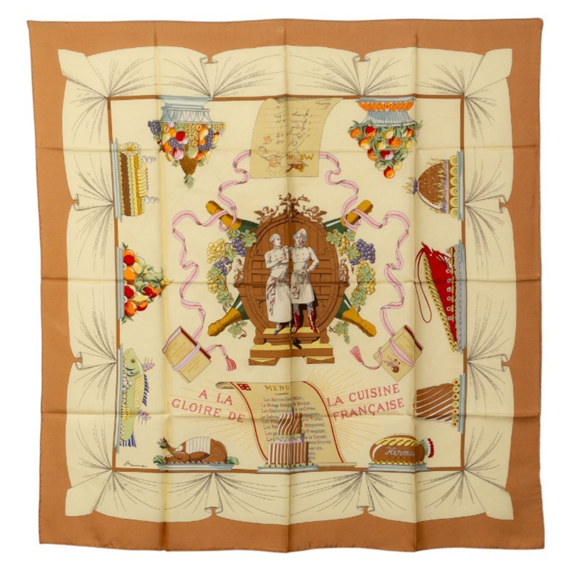 Hermes HermÃ¨s CarrÃ© 90 “A LA GLOIRE DE CUISINE FRANCAISE” Scarf/Muffler in Beige and Multicolor Silk, Celebrating French Cuisine, Women’s