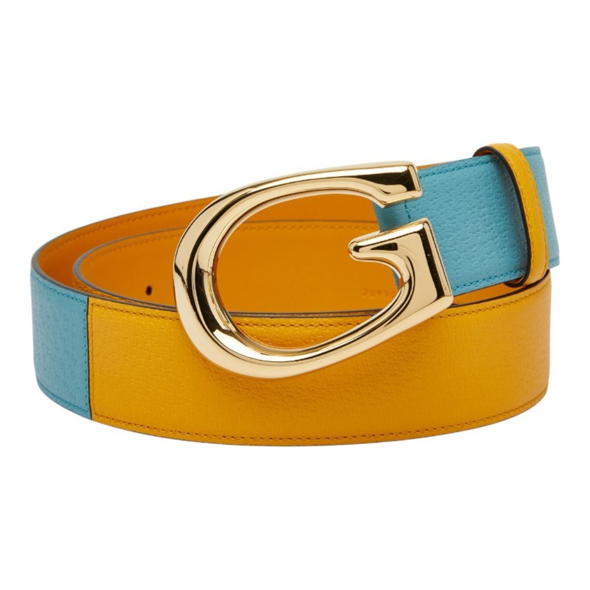 Gucci G Buckle Belt, Size 90 (36), Light Blue and Yellow Leather, Women’s, 709954