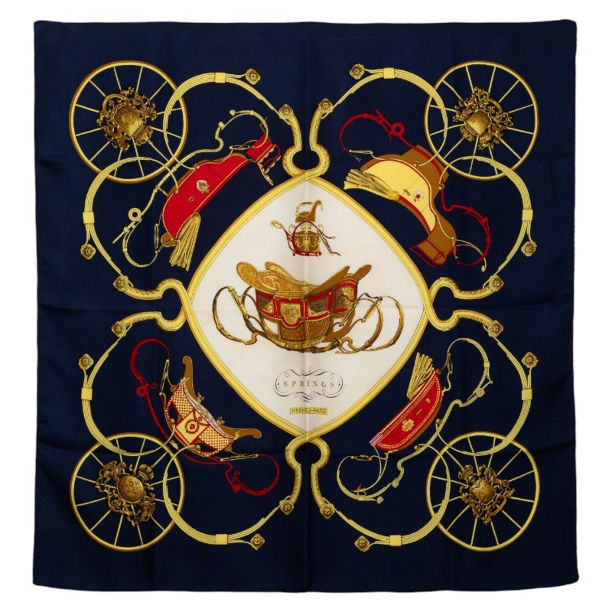 Hermes HermÃ¨s CarrÃ© 90 SPRINGS Horse-Drawn Carriage Pattern Scarf/Muffler in Navy and Multicolor Silk for Women