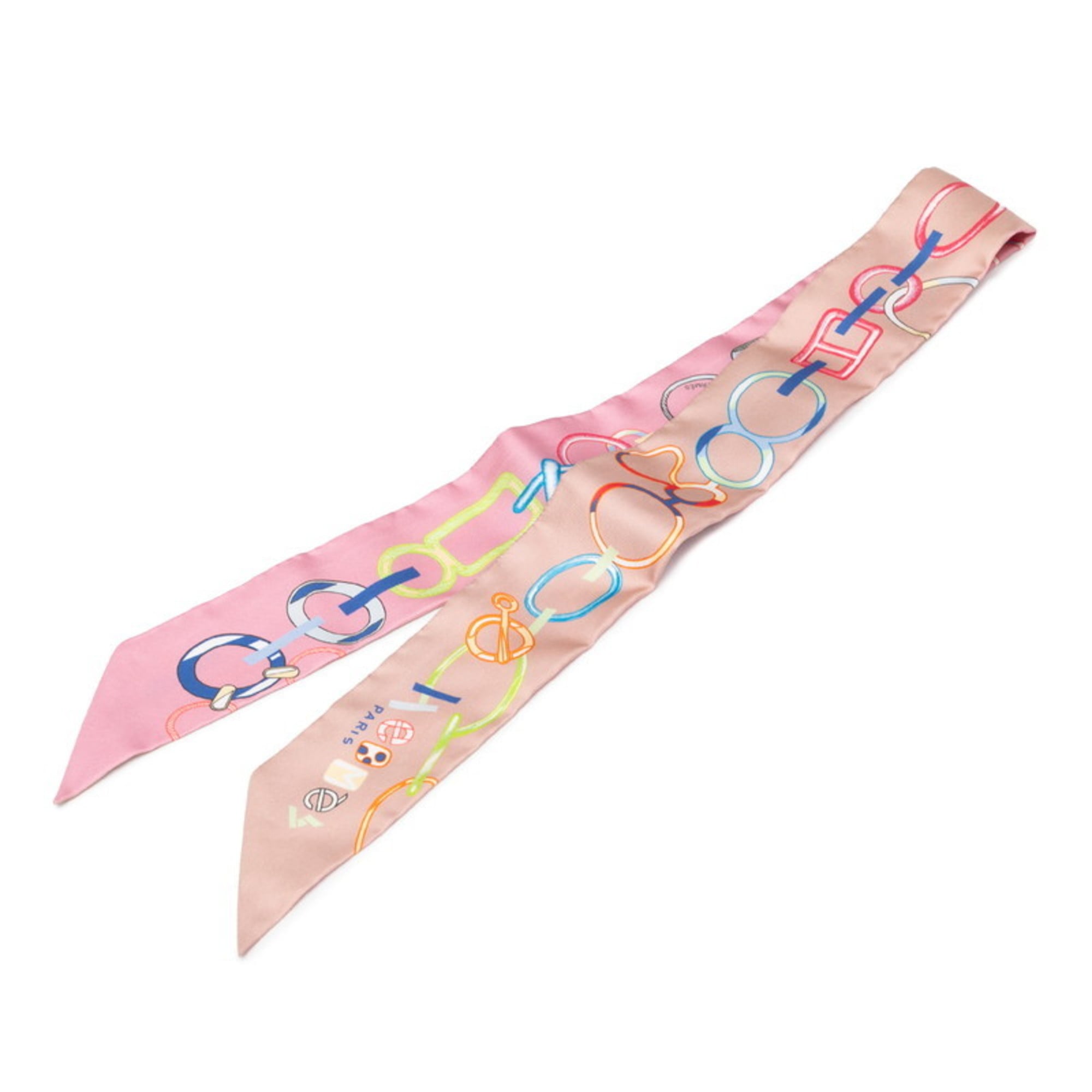 Hermes HermÃ¨s Twilly DO RE BOUCLES Scarf/Muffler in Pink, Beige, and Multicolor Silk for Women