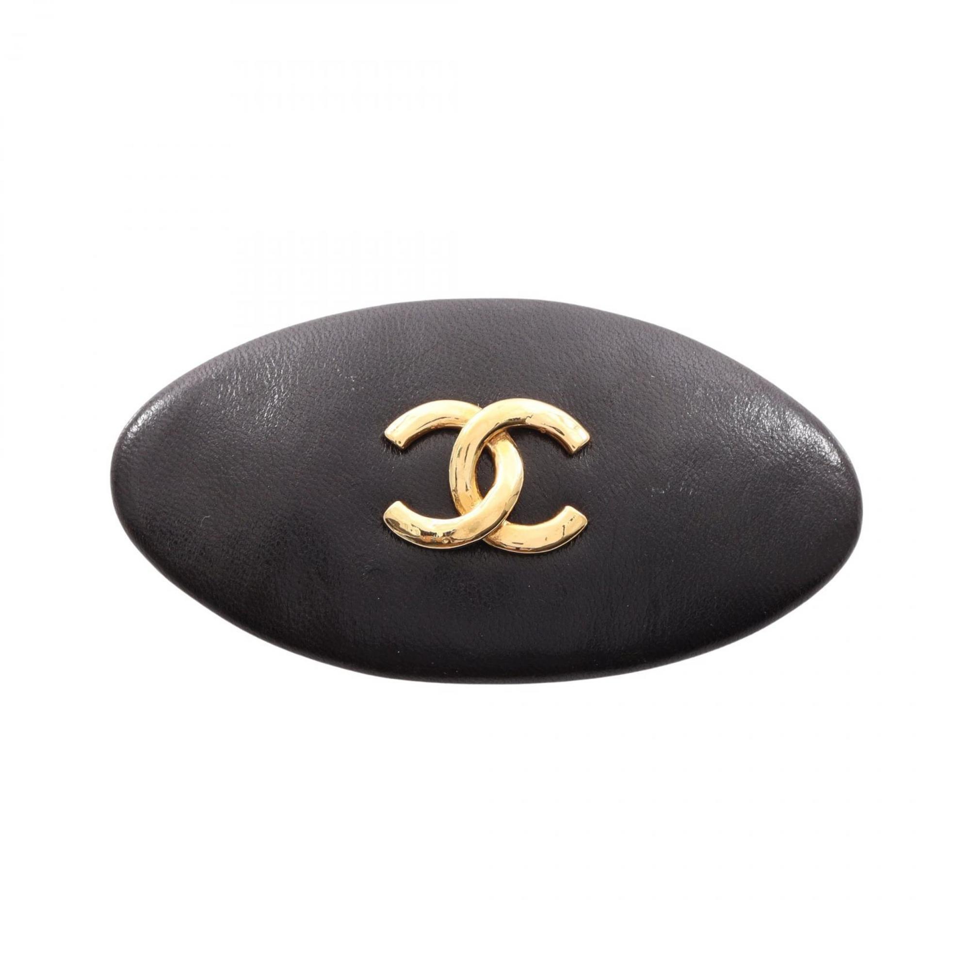 CHANEL Coco Mark Oval Barrette Accessory, Leather, GP (Gold Plated), Women’s, Black, Gold