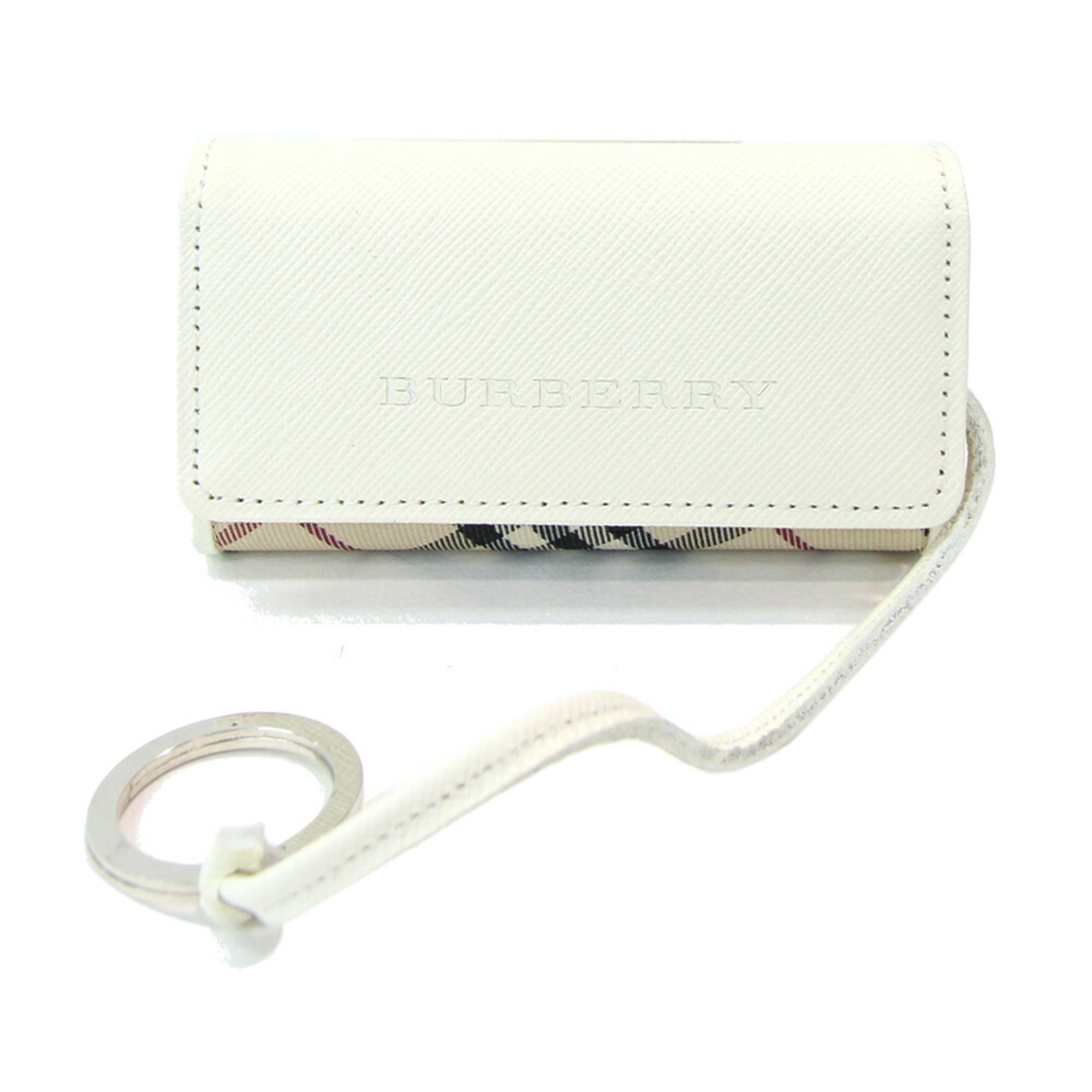 Burberry 4-ring key case in white, beige, leather, nylon canvas, ring, Nova check, for women, BURBERRY