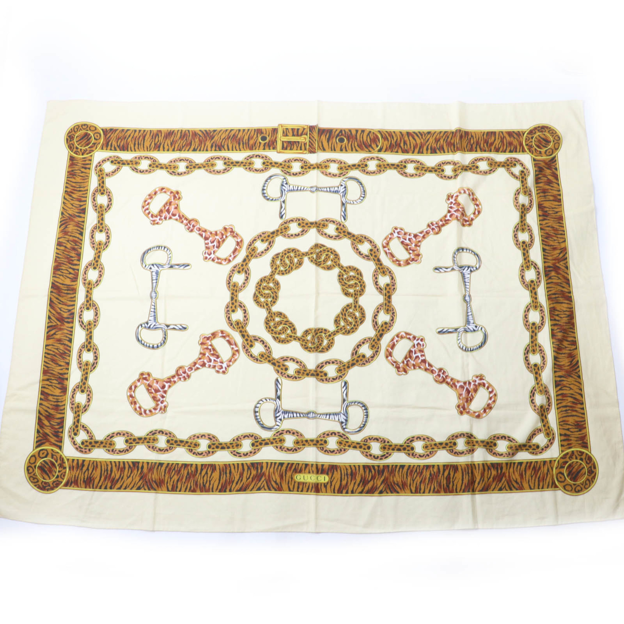 GUCCI Vintage 100% Cotton Animal Print Horsebit Large Shawl/Stole in Brown, Made Italy, Women’s