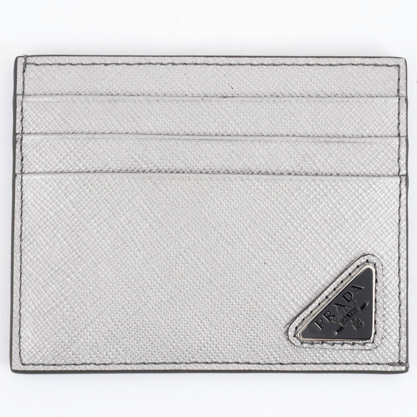 Prada Saffiano Triangle Card Case 1MC223 Cowhide Silver Men’s Holder PRADA