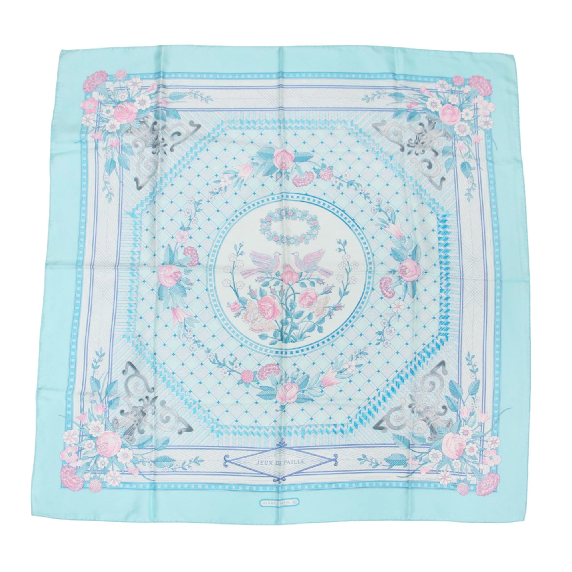HERMES Hermes Carre 90 Silk Scarf Muffler JEUX DE PAILLE Straw Play Flower Large Light Blue