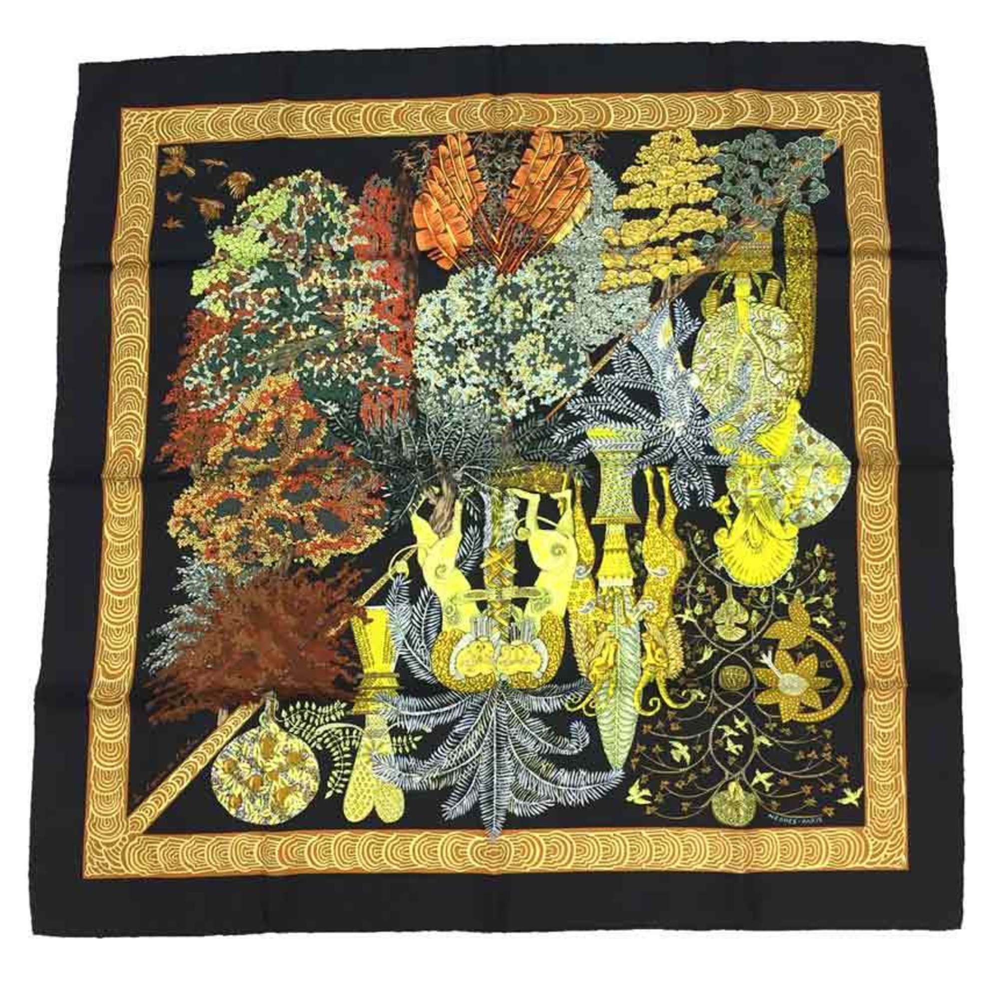 HERMES Scarf Muffler Carre 90 Les Legendes de l’Arbre Wood Legend Black 100% Silk Hermes