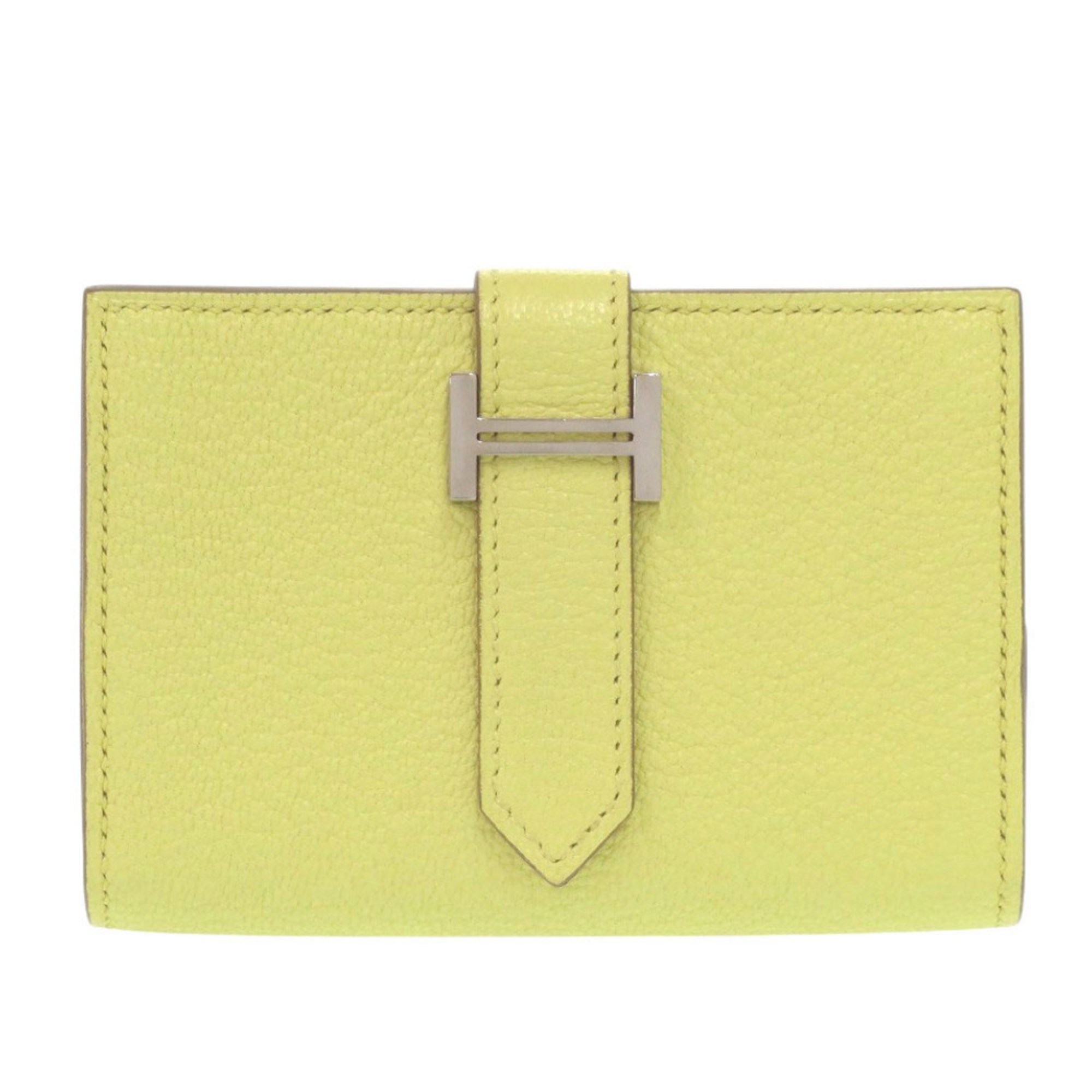 Like new HermÃ¨s Bearn card case, Chevre Mysore, lime, W stamp (made in 2024), yellow, 1650 HERMES