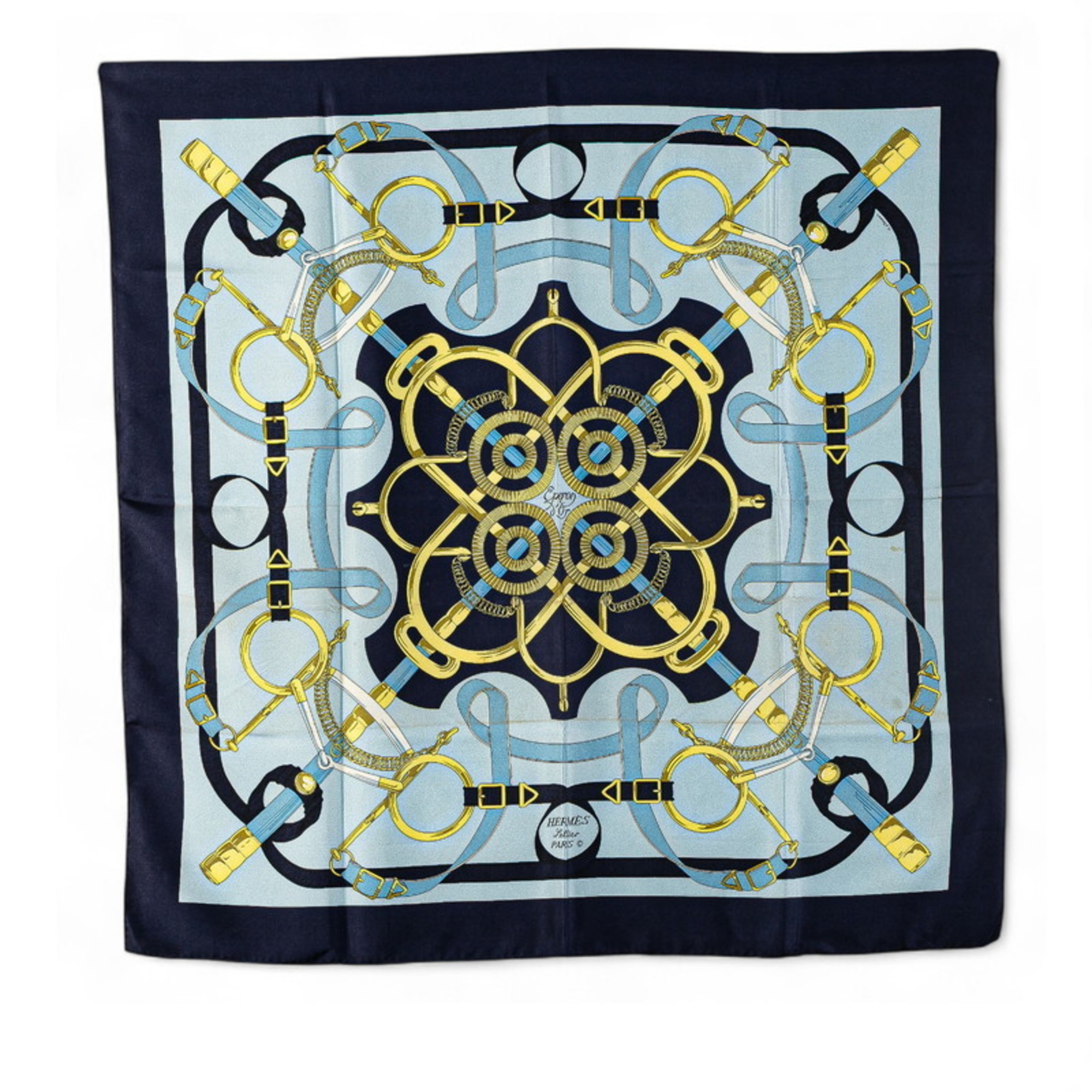 Hermes HermÃ¨s CarrÃ© 90 Eperon d’or Golden Spur Scarf, Navy, Light Blue, Multicolor, Silk, Women’s
