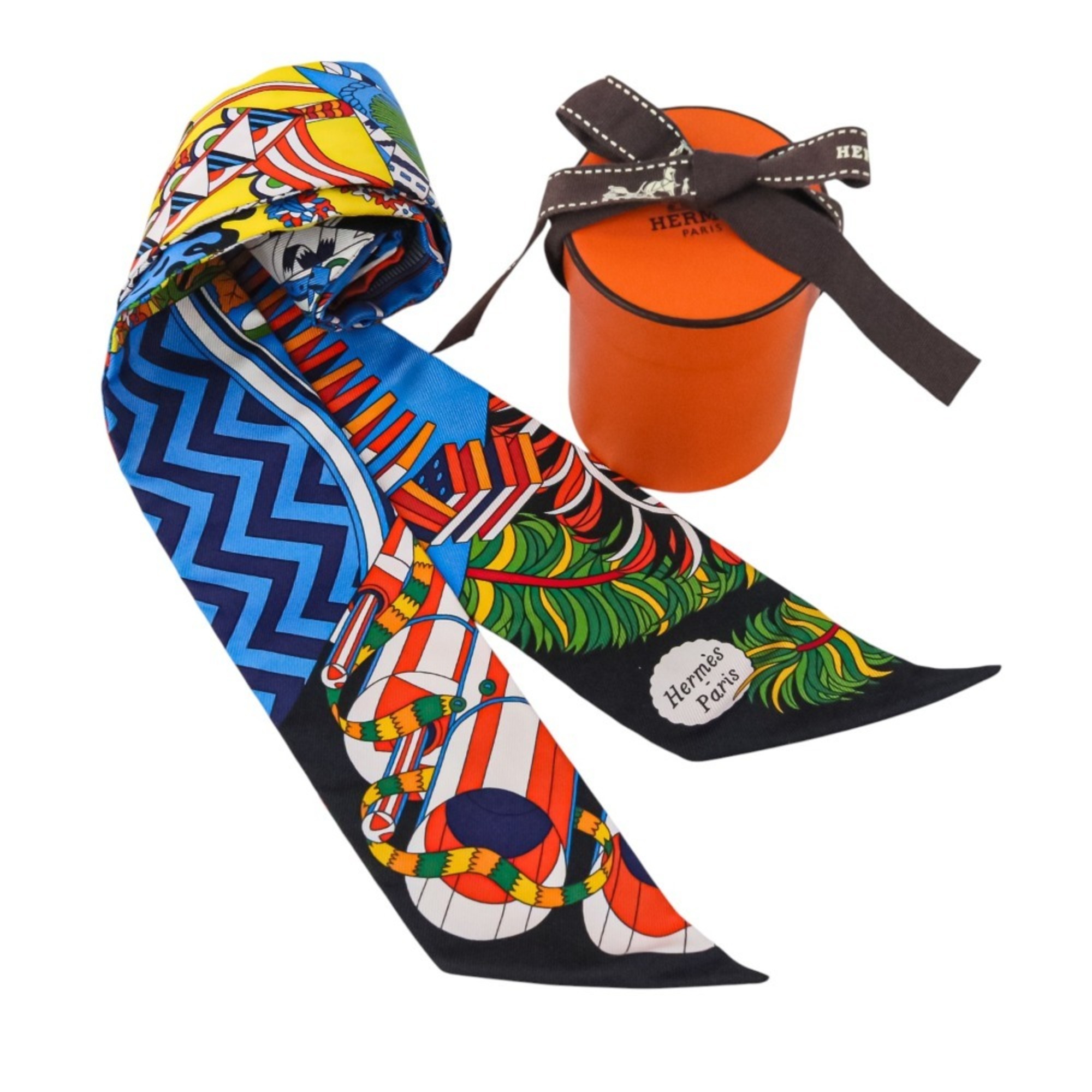 HERMES Twilly “Duel with the Cane Umbrella” Silk Scarf/Muffler in Blue Jaune for Women