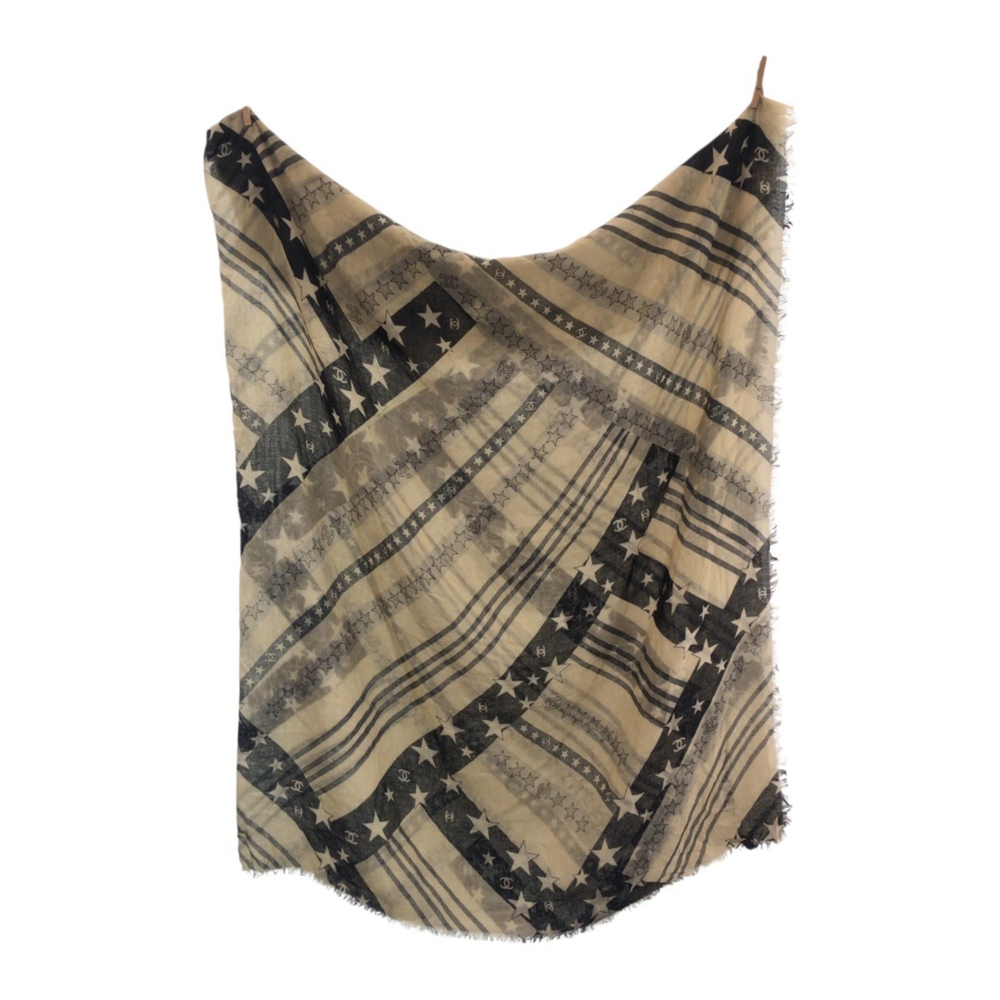 CHANEL Coco Mark Off-White Black Cashmere Large Stole Shawl for Women